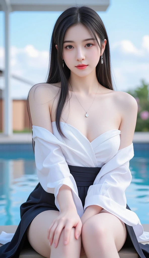 sheer skirt,sheer dress,sheer jacket,比基尼 ((Bare shoulder)), Double eyelids,Skin Whitening,Long hair,Whitening long legs,Standing by the sea, Fashion Girl, Red lips, Sweet Girl, Beautiful makeup, detail, lifelike, Very detailed, Astonishing, beautiful, Young and energetic, high quality,HD, Colorful, Beautifully, Smooth skin, The skirt is very short, Official Art, Extremely detailed, Movie atmosphere, Soft colors, Natural skin texture, Random scene, random shooting Angle, Black over-the-knee socks, lace hem