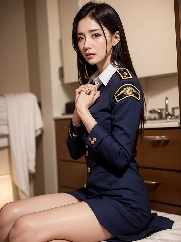 A girl with long black hair wearing a navy uniform tall Slightly larger breasts With bangs Foot thin