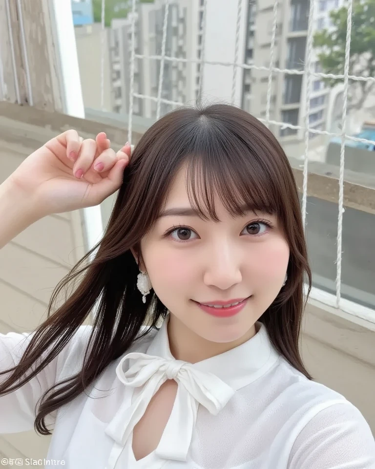 Medium Size Display, Medium Shot, Written boundary depth, bust, Upper Body, Movie angle, masterpiece, Highest quality, Very detailed, CG, 8k wallpaper, Beautiful Face, Delicate eyes, Otome, alone, smile, bangs, skirt, Formal blouse, Bouquet of lilies