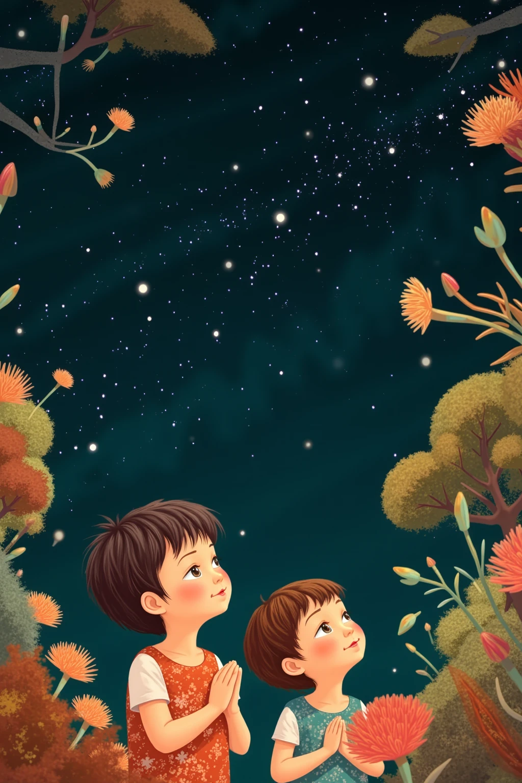 best quality。 picture book for ren with thick outlines。A gentle touch drawn with a paintbrush, The color is smudging。There are lines here and there in Japanese。The letters are small, white, and about 5 lines like sentences。The letters are rounded fonts。 How to put in characters like picture books。Warm fuzzy design。 Simple pattern that looks like an irasuto-ya。Paintings for s。It's midnight and it's completely dark outside。animals and humans in the woods, two boys and girls、Looking at the stars in the night sky、praying with hands together。dramatic angle