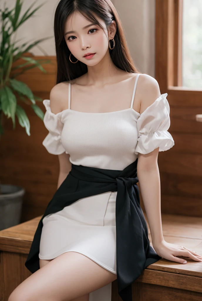 ((1girl in)), ((Best Quality)), (Ultra-detailed), (extremely detailed CG unified 8k wallpaper), Highly detailed, High-definition raw color photos, Professional Photography, Brown bob hair, (amazingly beautiful girl), The background is a stylish café, ((White fluffy beret、Black off-shoulder、Mini skirt with white ruffles))、(white skin like snow white、milky porcelain-like white skin)、Photo above from the thigh、NSFW、