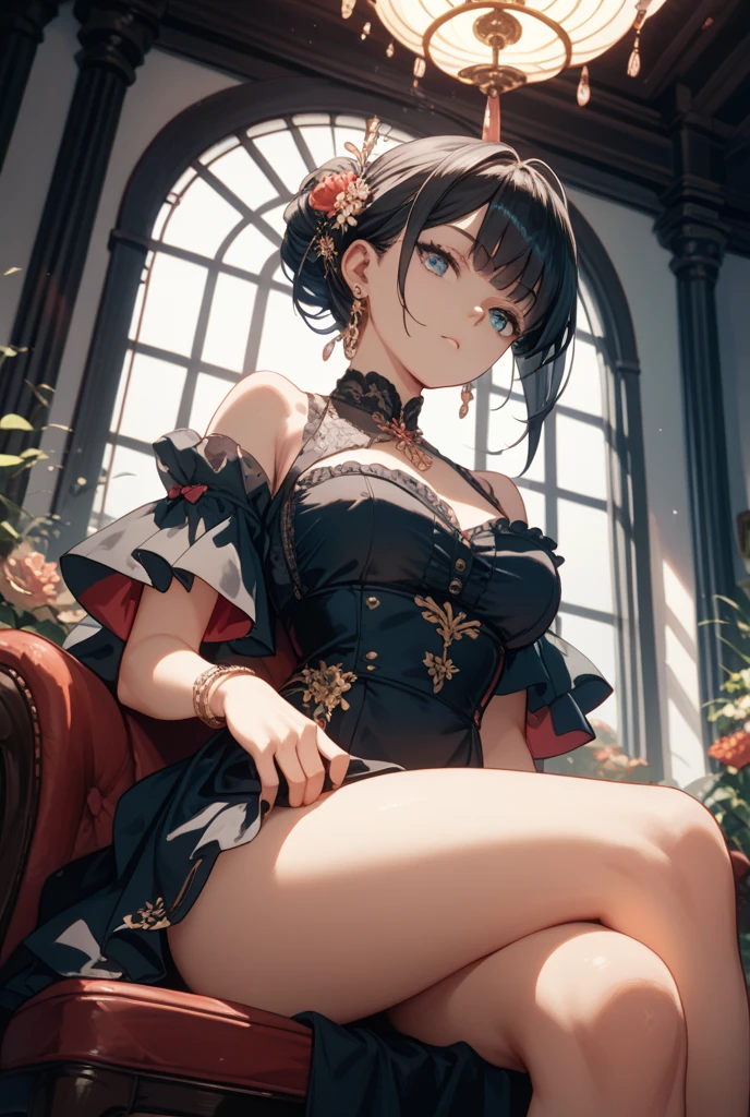 (masterpiece, top quality, best quality, official art, beautiful and aesthetic:1.2),(colorful:1.2),

(1girl:1.2),

beautiful face, pale face, black eyes, astunningly beautiful medieval courtesan, cleavage, woman  shining eyes, smirk, sultry look, seductive smile, sexy, intricate medieval dress with plunging neckline, embroidery, necklace, jewelry, detailed medieval castle interior in background, fantasy setting, sunset, sunny day
, fantasy concept art, sultry look, seductive