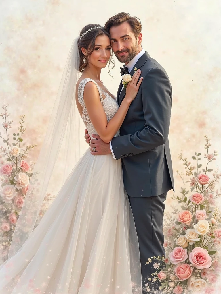 A imagem mostra uma linda jovem loira usando um vestido de noiva branco, Standing in a grand ballroom, luzes desfocadas ao fundo. She is holding a bouquet of flowers in her hand, and her elegant appearance suggests she is a bride. , lugar lindo, romantic setting, a romantic atmosphere. A mulher'Her smile and the presence of the bouquet indicate that she is happy and excited about her special day..