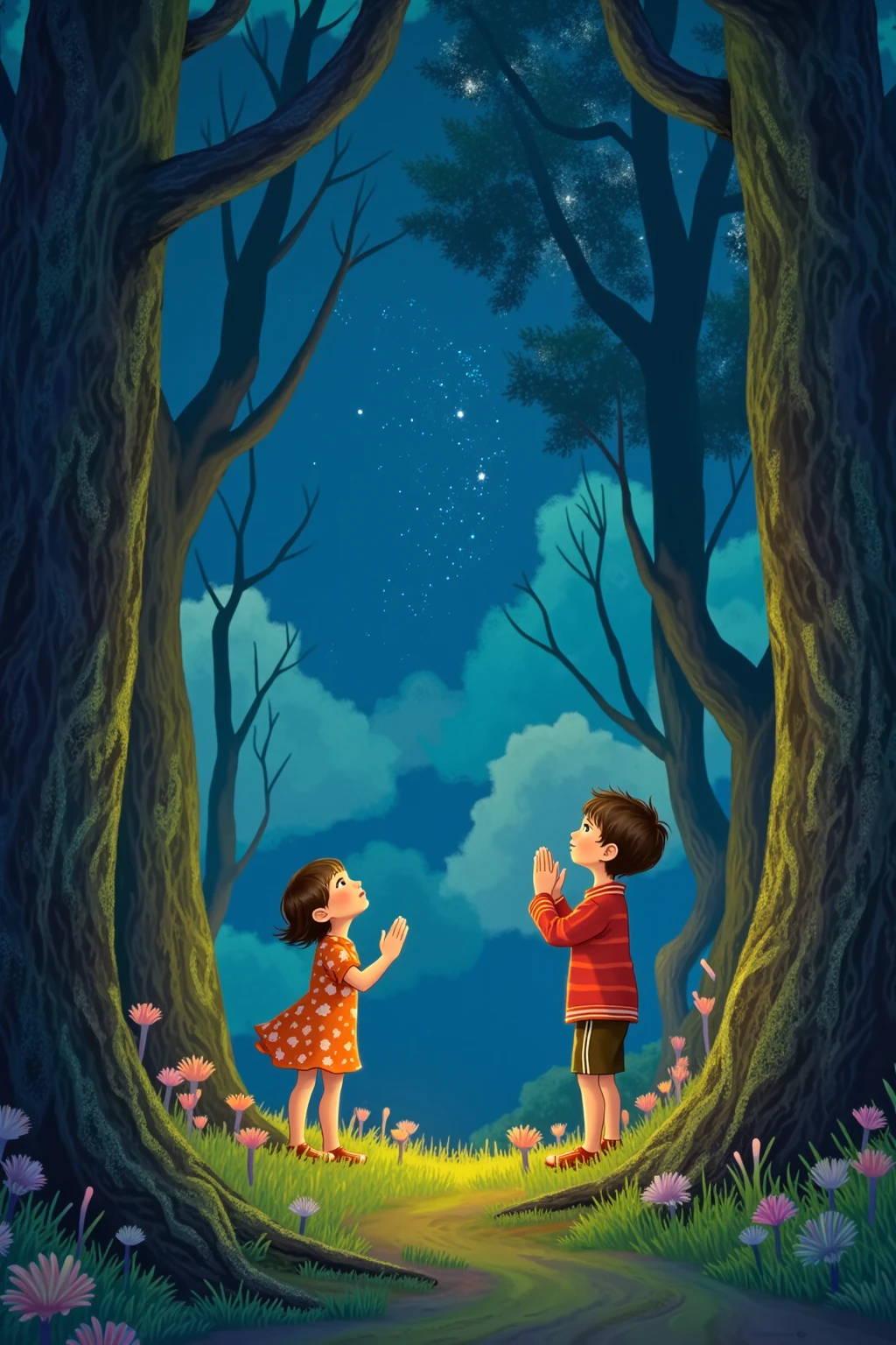 best quality。 picture book for ren with thick outlines。A gentle touch drawn with a paintbrush, The color is smudging。There are lines here and there in Japanese。The letters are small, rounded fonts。 How to put in characters like picture books。Warm fuzzy design。 Simple pattern that looks like an irasuto-ya。Paintings for s。It's midnight and it's completely dark outside。animals and humans in the woods, two boys and girls、Looking at the stars in the night sky、praying with hands together。Dutch angle shot