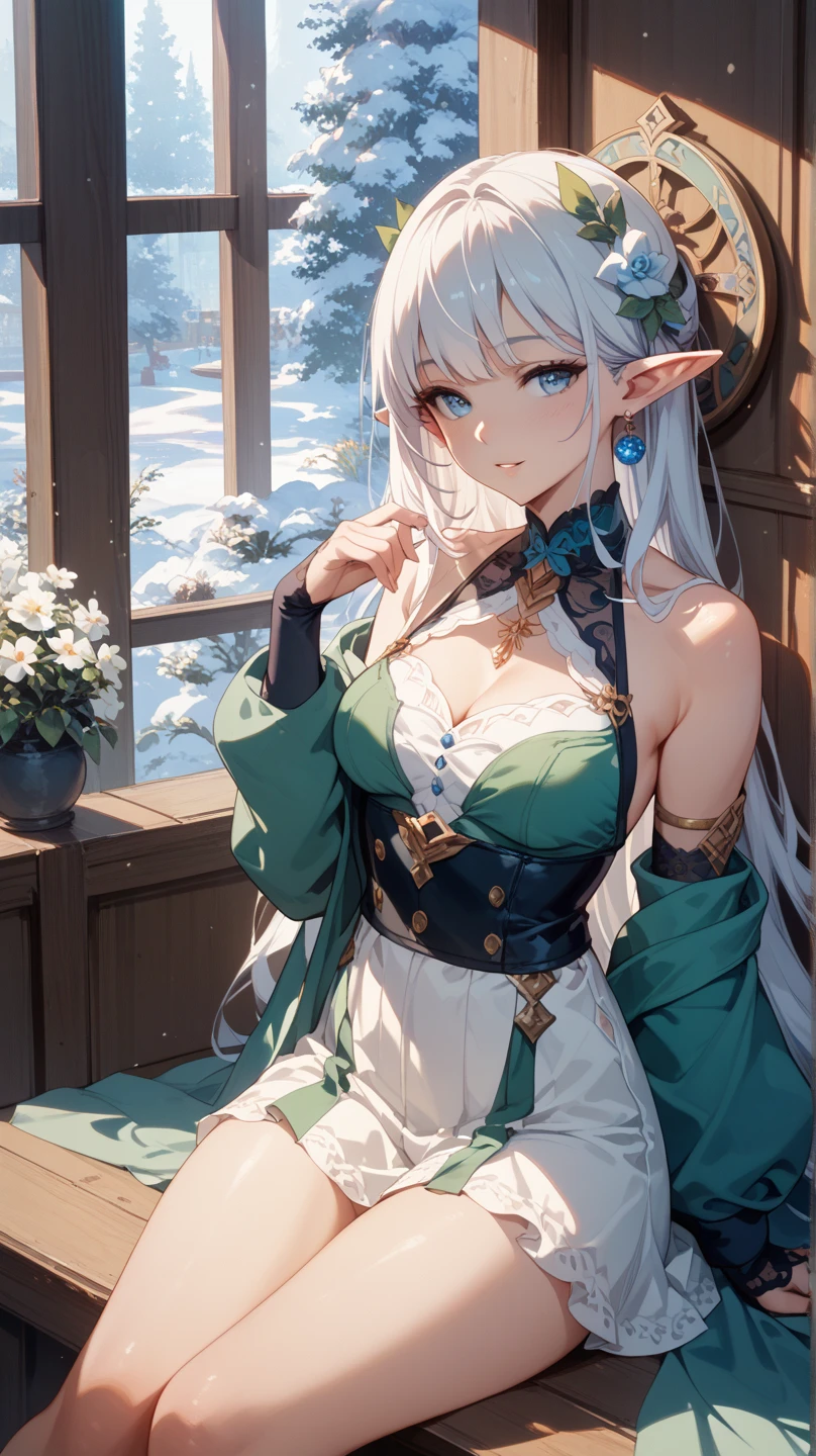 paya, cute elf, ((anime elf with extremely cute and beautiful white hair)), (((elf))), (((elf ears))), (((flat chest))),((((white hair:1.35,short white hair, colored inner hair,ear breathing)))),(((green_eyes:1.3))),intricate eyes,beautiful detailed eyes,symmetrical eyes,big eyes:1.5,(((lustrous skin:1.5,bright skin: 1.5,skin tanned,shiny skin,very shiny skin,shiny body,plastic glitter skin,exaggerated shiny skin,illuminated skin))),(detailed body,(detailed face)), cute,erotic,daring,(((medieval man clothes,adventurer man clothing,winter coat))),(((intricate outfit,intricate clothes,embroidered outfit,ornate outfit,embroidered clothes,ornate clothes))), (dynamic pose:1.0),happy,smile,(centered,scale to fit dimensions,Rule of thirds), ((snowy pine forest at night)), with dark stormy clouds,winter,scenery:1.25,((snow forest background)),Christmas tree, highres,sharp focus,(ultra detailed,extremely detailed),(photorealistic artwork:1.37),(extremely detailed CG unity 8k wallpaper),(((vibrant colors,vibrant theme))),(intricate),(masterpiece),(best quality), sitting down, dark skin