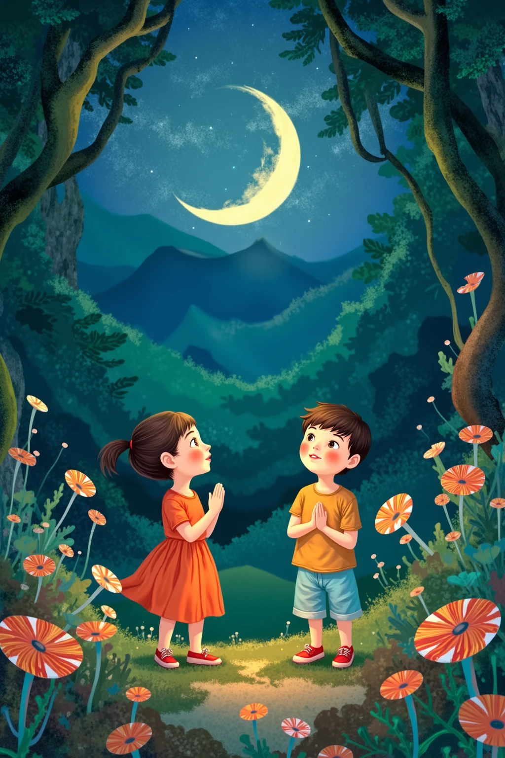 best quality。 picture book for s with thick outlines。A gentle touch drawn with a paintbrush, The color is smudging。with lines here and there in Japanese。The letters are small, rounded fonts。 How to put in characters like picture books。Warm fuzzy design。 Simple pattern that looks like an irasuto-ya。Paintings for s。It's midnight and it's completely dark outside。I can see a big crescent moon。animals and humans in the woods, two boys and girls、Looking at the stars in the night sky、praying with hands together。Dutch angle shot