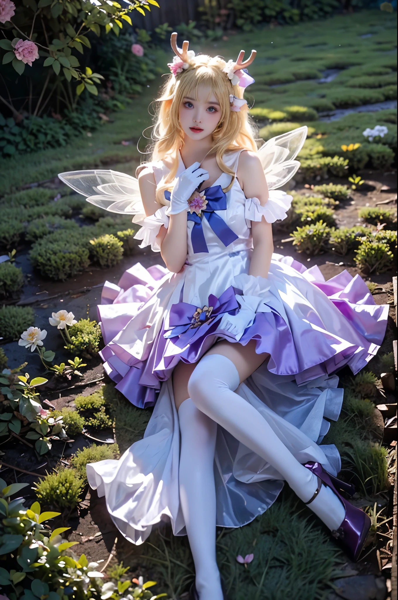 yao cosplay costume, cosplay, blonde hair, dress, gloves, white gloves, antlers, animal ears, horns, bow, hair ornament, wings, thighhighs, white thighhighs, purple high heels ,, (full body:1.4), (Night, darkness), realistic beautiful woman, sexy long-legged model, lying in a field of flowers, upper body leaning towards the ground, (The flowers spread all over the ground), elbows supporting the body, one leg straight, the other leg naturally slightly bent, correct and beautiful leg shape, night, glowing fireflies, many flowers around, roses in the foreground, beautiful romantic style, (detailed face:1.2), (detailed eyes:1.2), (intricate details:1.1), (hyperrealistic:1.1), (8k resolution:1.1), masterpiece, best quality, dreamy, ethereal, (overhead shot:1.2), (birds-eye view:1.2), (top-down view:1.2)