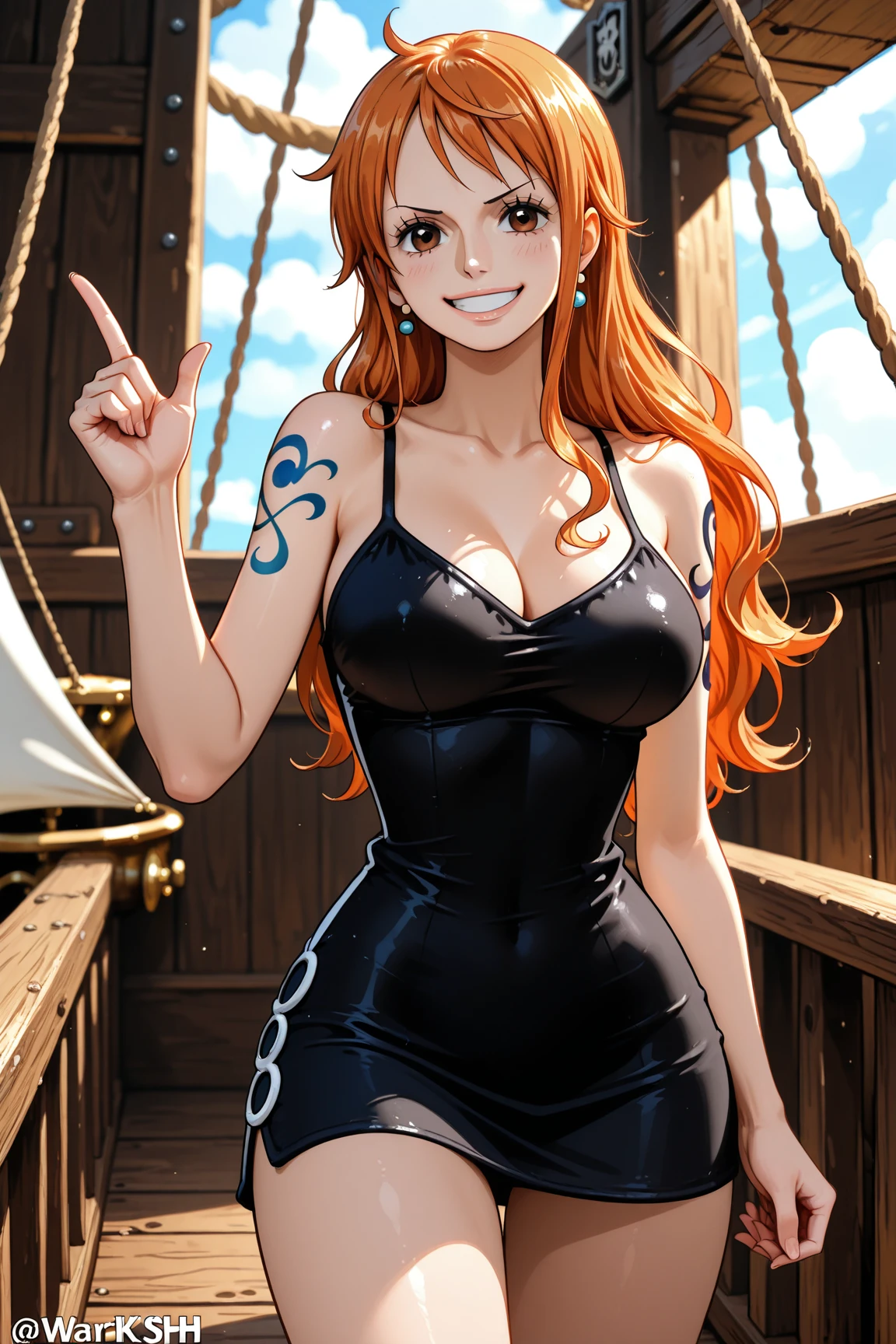 ((master part)) ((best quality)) ((Ultra Detalhado)) ((1mulher)) ((latex clothing)) ((cabelo longo laranja)) ((cabelo longo sedoso)) ((tatuagem do ombro direito)) ((nariz comprido)) ((a nami piece)) ((DAMP BODY)), seios grande, ((olhos atraentes)) ((sharp eyes)) ((corpo magro)) ((High-resolution shadows)) ((cores atrativas)) ((blue skies)) ((Trunk pose in hand)) ((pulseiras de ouro)) , latex , sombras claras
