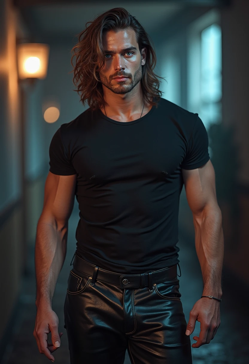 a rustic boy, 25 years old, curly curly hair, lightbrown eyes, male pose standing in a dark alley, mysterious lighting, Muscular Physique, looking at the camera, anger, jaket