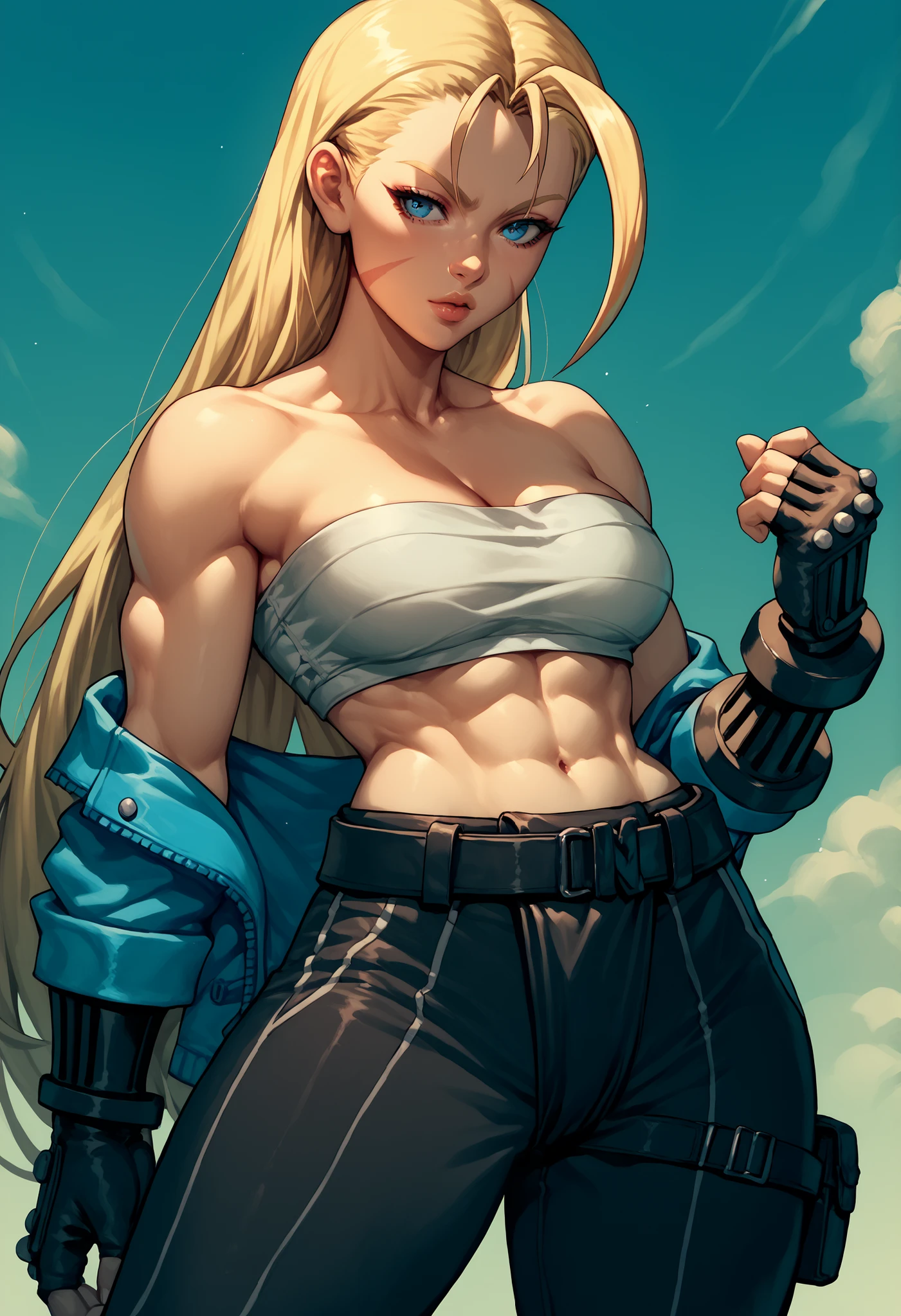 CammyBO, blue eyes, long hair, fingerless gloves, cleavage, holding nunchaku, sarashi, black pants, black belt, chest sarashi, strapless, bare shoulders, sarashi-fundoshi, japanese underwear
