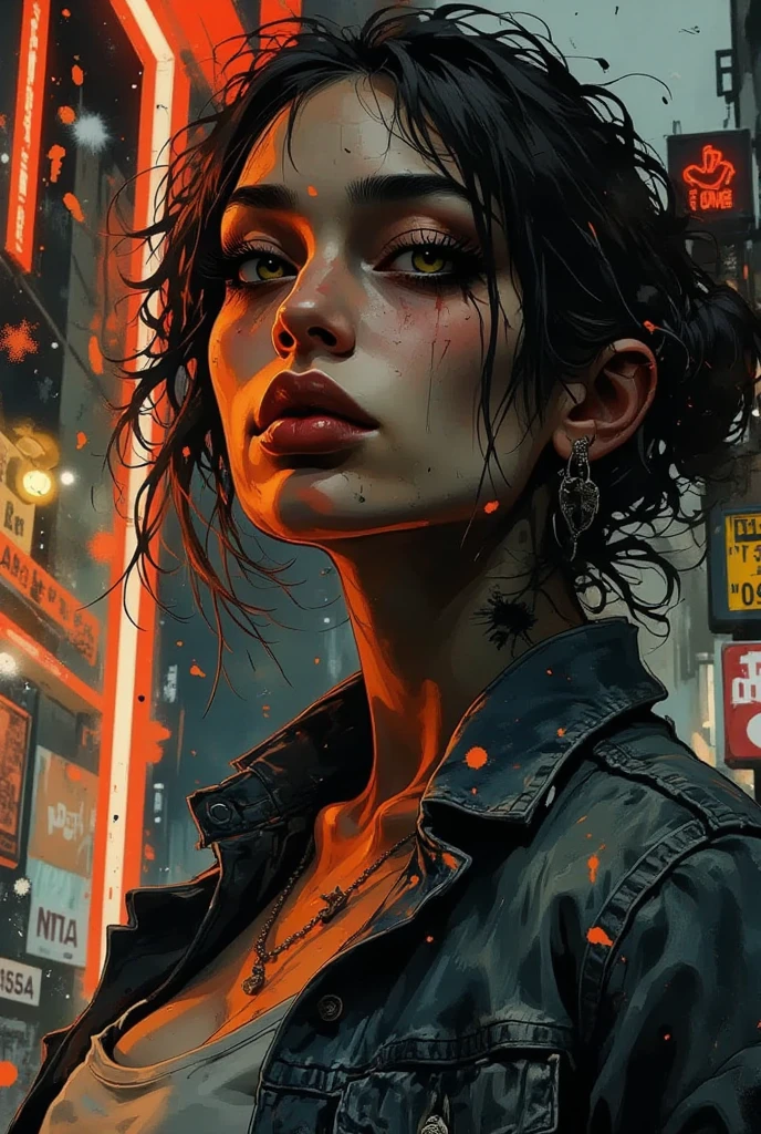 
Stunning stylized digital art of an interesting young girl in close-up, expressive slightly closed eyes under long thick eyelashes, pronounced cheekbones, plump shiny moist lips, dark detailed hair, asymmetrical bangs, careless hairstyle, denim jacket, white blouse, girl leaning against a neon sign on a city street at night, night, neon signs, side, high detail, a mix of realism and illustrative style, imitation of hand-made art, sketching, ink style, drawing

