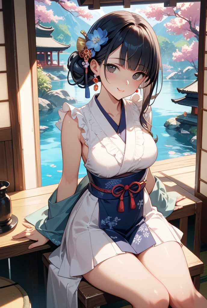 a girl sitting on barstool, Japanese Clothes, ((short cloth)), white panties, hot-spring city
