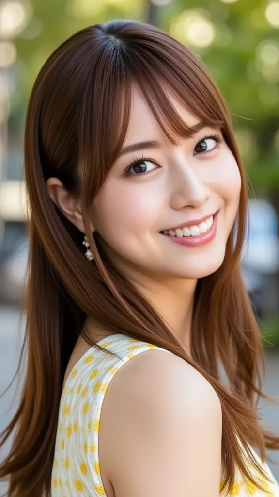 1 female、beautiful feces、clear white skin、slim face、brown hair、bangs、upper body shot、white dress、smile gently、28 years old、Adult beauties、