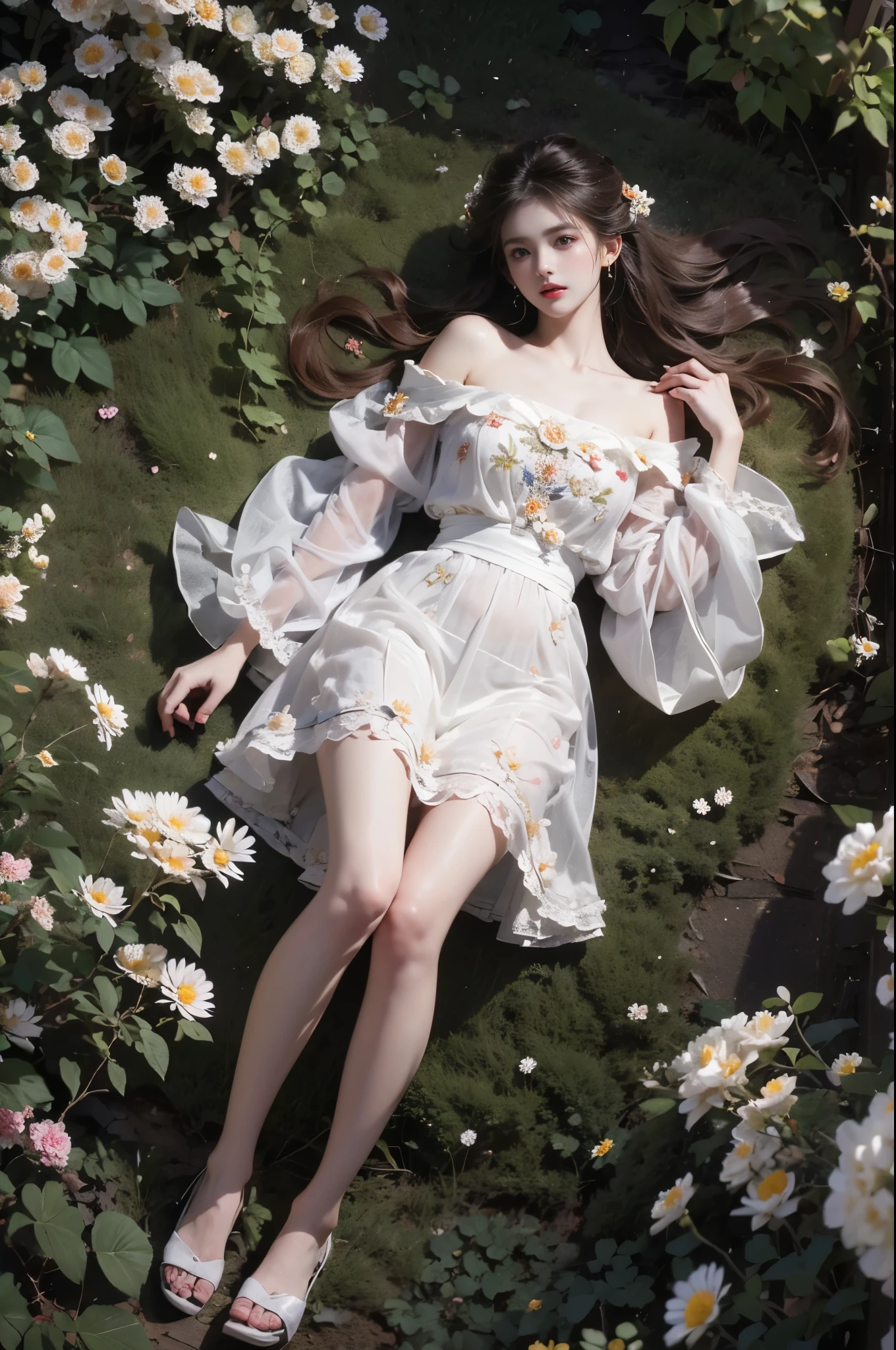 dress, bouffont dress, transparent long sleeves, daisies, cherry, ,, (full body:1.4), (Night, darkness), realistic beautiful woman, sexy long-legged model, lying in a field of flowers, upper body leaning towards the ground, (The flowers spread all over the ground), elbows supporting the body, one leg straight, the other leg naturally slightly bent, correct and beautiful leg shape, night, glowing fireflies, many flowers around, roses in the foreground, beautiful romantic style, (detailed face:1.2), (detailed eyes:1.2), (intricate details:1.1), (hyperrealistic:1.1), (8k resolution:1.1), masterpiece, best quality, dreamy, ethereal, (overhead shot:1.2), (birds-eye view:1.2), (top-down view:1.2)
