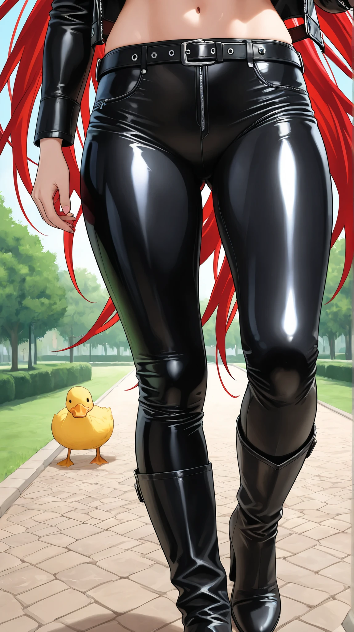 anime character, single character, Rias Gremory from Highschool DxD, biker leather pants, belt, tight high boots, wearing glasses, bellybutton, tight high boots, biker pants, bellybutton, wearing a black leather jacket and matching black leather pants, close up on woman, wearing glasses, adult woman, She is wearing black lingerie, she is walking in park, near is pond with ducks