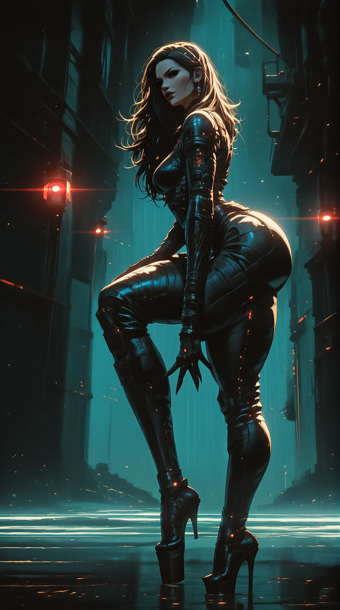 Cyberpunk style，30-year-old mature and charming woman，Leather bodysuit covers the entire body，Full breasts，High heels，Shoot at me with a bow and arrow，（There are a lot of small pieces of gravel floating in the air around me.:1.5），beautiful，Glowing Effects，Celluloid style，Flat coating，HD，CG art，comics，8K，Looking at the camera，high quality，illustration，Vaporwave style，Rim Light，light，Very detailed，complicated，OC Renderer，Viewing angle，high resolution