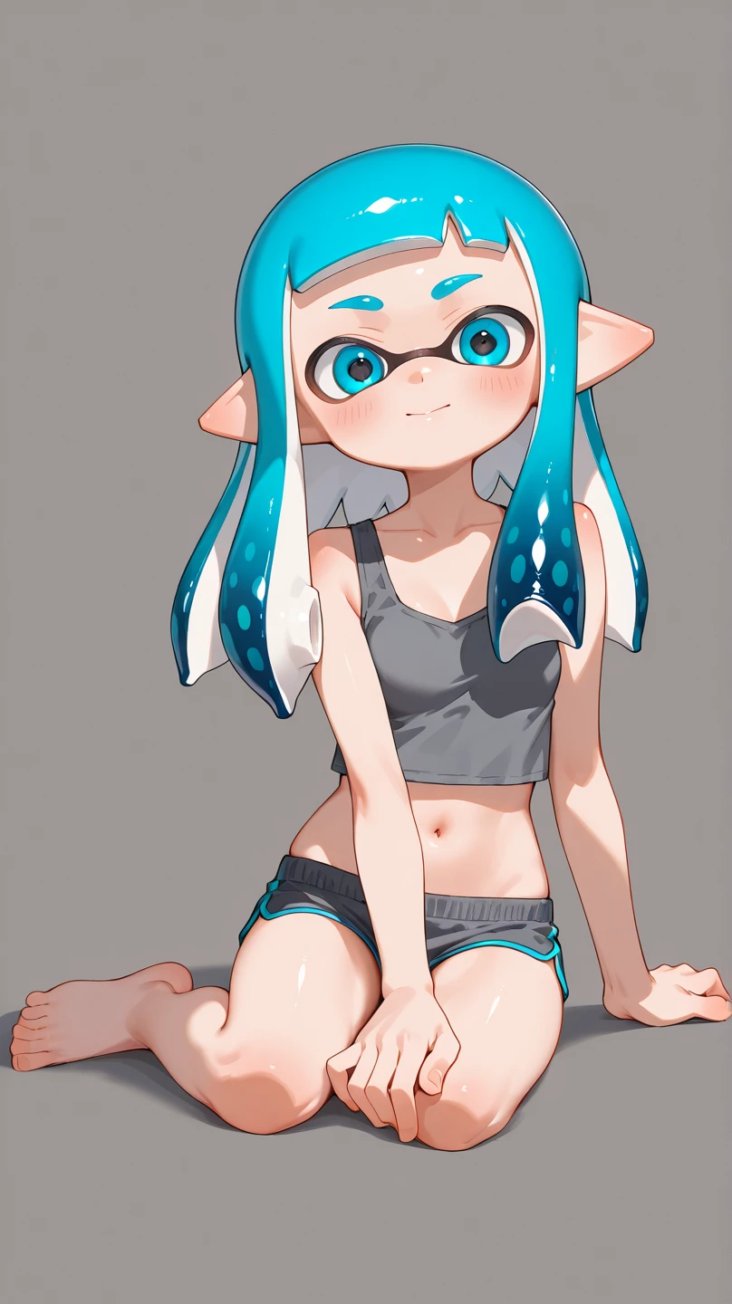 1 Splatoon Girl, pull panties, undressing, from below, masterpiece, highest quality, very detailed、Blue tentacle hair、big and cute eyes、beautiful eyes、blush、shy smile、cheek、Lipstick、gigantic breast,