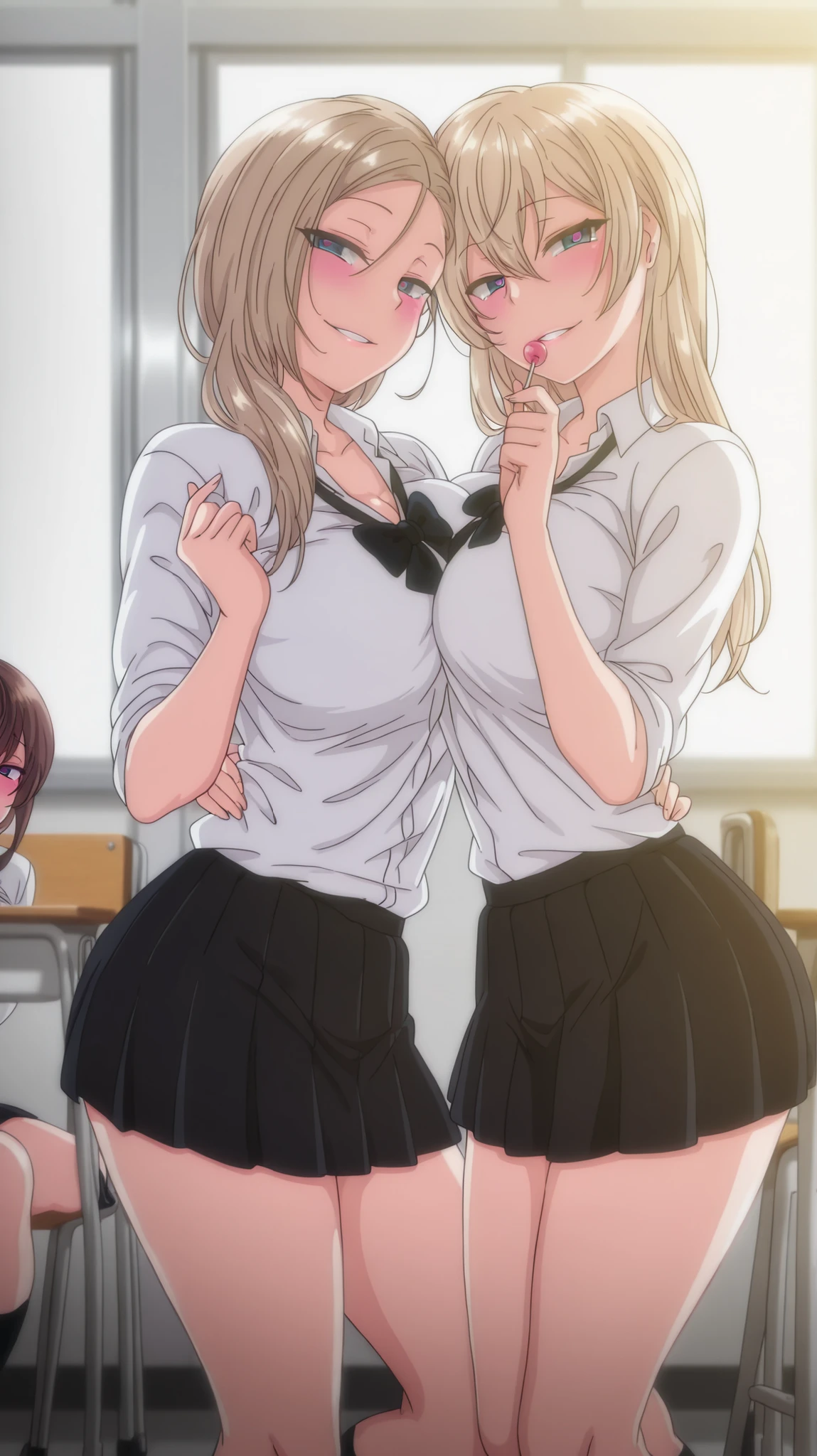 2 girls, kurashiki reigns, long hair, asymmetrical hair, large breasts, blue eyes, blonde hair, smile, narrowed eyes, parted lips, looking at viewer, naughty face, chisa, alone, chisa_IlXL,Brown Hair, slight smile, contrast, looking at viewer, seductive smile, anime coloring, expressive, sensual pose, full body, smiling, masterpiece, best quality, dynamic lighting, seductive smile, naughty, wild, looking at viewer, seductive body, sensual, school uniform detailed hand, detailed background, detailed eyes, flashy eyes, pretty eyes, perfect face, light particles, parted lips, happy, high quality(inside classroom, school desk, school chair,skirt, cholding a lollipop, heart-shaped pupils, blushing, ponytail, lift shirt,