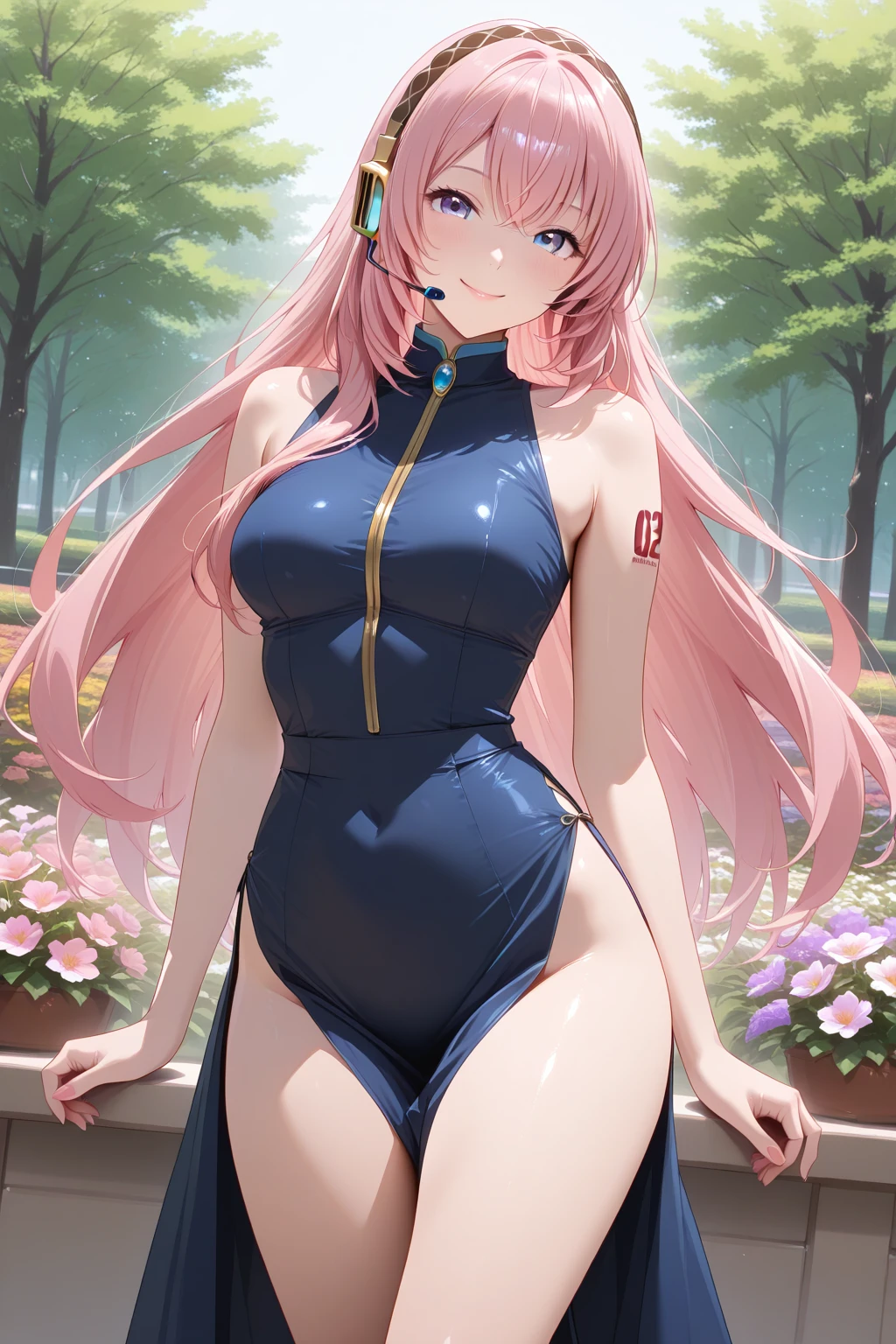 realisticlying， realisticlying，cowboy lens，tmasterpiece，hoang lap，1girll，sakura haruno，forehead mark，red hairband，Red sleeveless dress，white pantie，nabel，groin，bangle，looking at viewert，ssmile，SakuraNS，Private garden，ventania，Floating hair，big cleavage breasts，（（Wide buttock））），tonedbody，Detailed eyes，Hinata