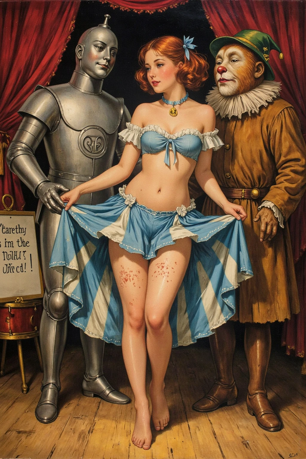(1960s \(style\)), pin-up style, thin woman in a tight-laced ornate corset, huge hanging breasts spilling over the top, skindentation, ornate filigree, perfectly styled hairdo, rainbow hair, parted red lips, juicy lipstick, ruffled panties, long legs, stockings, soft lighting, beautiful rich bedroom, hyper realism, 8k,