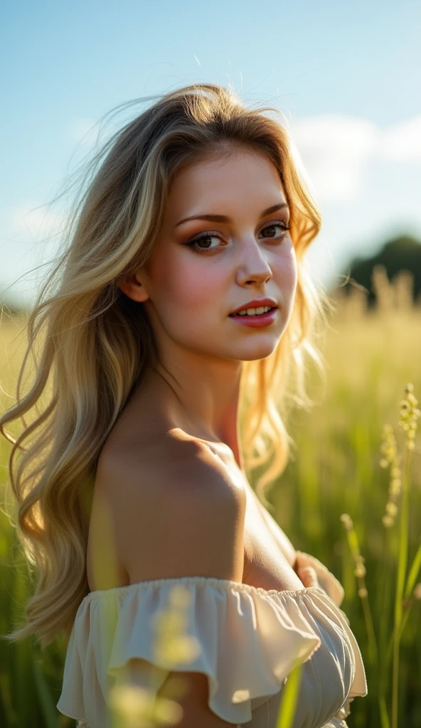 Completely nude young woman in green grass with breasts bare sitting in field surrounded by tall grass on dirt terrain, 1girl, nipples, solo, nude, breasts, pussy, realistic, blonde hair, grass, squatting, spread legs, looking at viewer