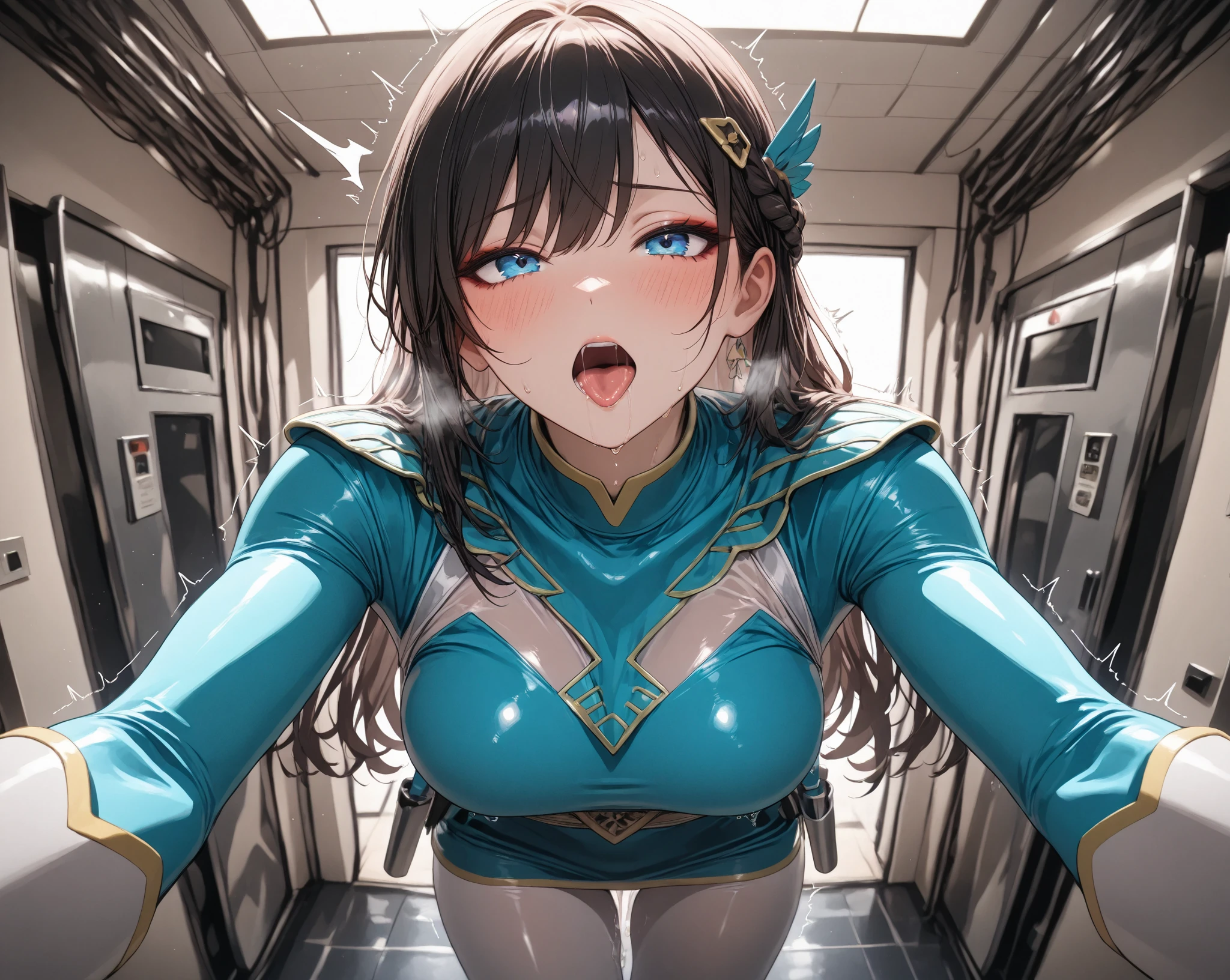 (anime、エロanime),((fellatio, 1boy, 1girl, oral, pov)),(masterpiece、最high quality:1.4)、(beautiful、perfection、delicate、be familiar with、complicated、beautiful), mature woman、(High resolution、high quality:1.2)、(narrow eyes),cinematic lighting、Clearly shade、((twin tails、brown hair )、 Moena、1 girl、blush、Sweat、(Helmet)、((visor\(armor\):1.3))、heart color、topless、elbow bag)、((dark cave、dark prison、dark prison、dark dungeon))