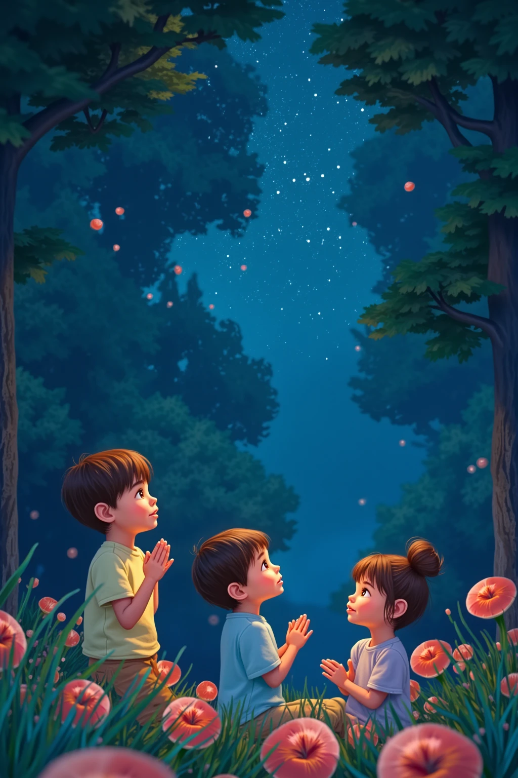 best quality。 picture book for ren with thick outlines。A gentle touch drawn with a paintbrush, liquid particles glowing, There are characters here and there in Japanese。The letters are small, rounded fonts。 How to put in characters like picture books。Warm fuzzy design。 Simple pattern that looks like an irasuto-ya。Paintings for s。It's midnight and it's completely dark outside。BREAK, animals and humans in the woods, two boys and girls、Looking at the stars in the night sky、praying with hands together。Dutch angle shot
