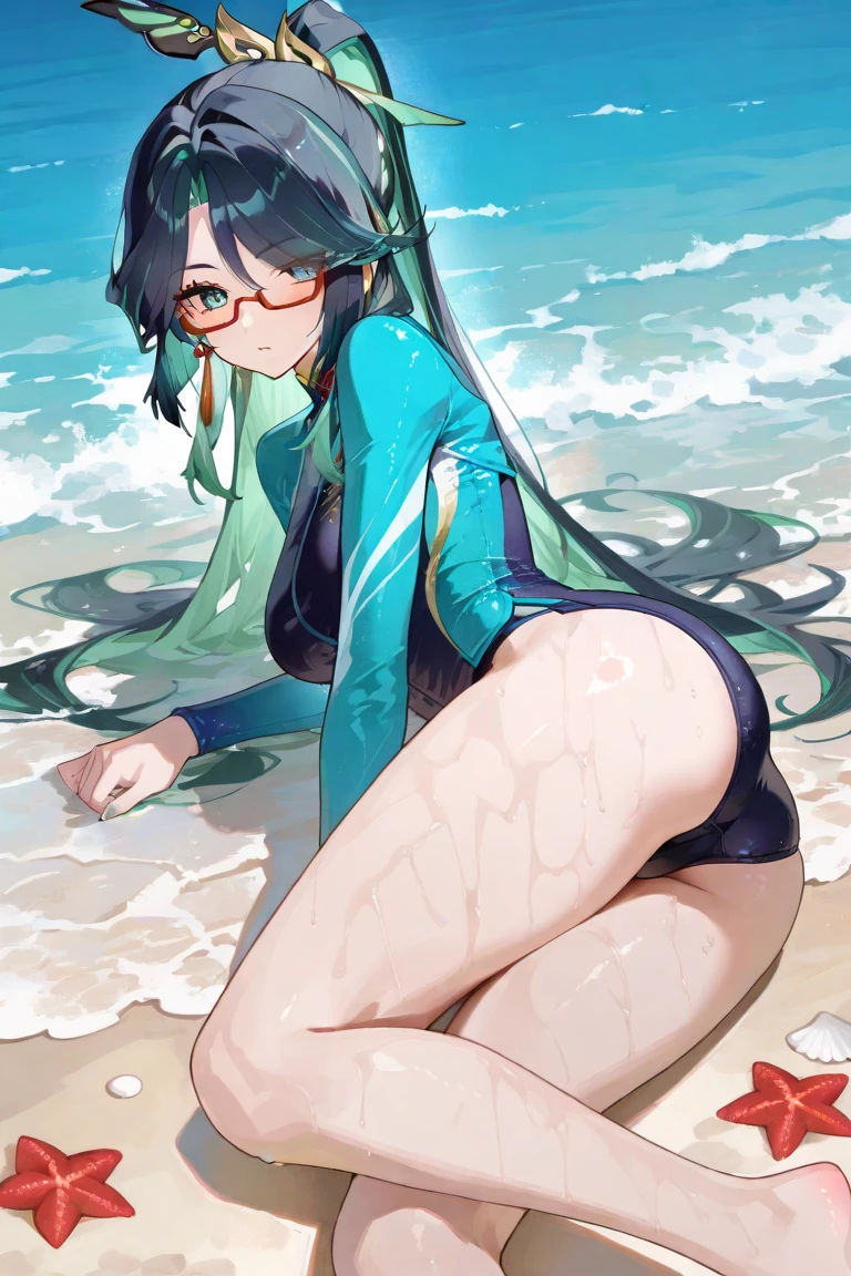 punctuation_9, punctuation_8_High above, Xianyun \(impacto genshin\), 1 girl, water eyes, Bblack hair, big breasts, bikini green, perfect ass, colored inner hair, 1 girl, standing alone, long hair, big breasts, looking ahead at viewer, ssmile, bangss, blue colored eyes, big breasts, Bblack hair, hair ornament, ssmile, hypdertailed, multicolored hair, hair green, cups, two tone hair, make up, glasses,