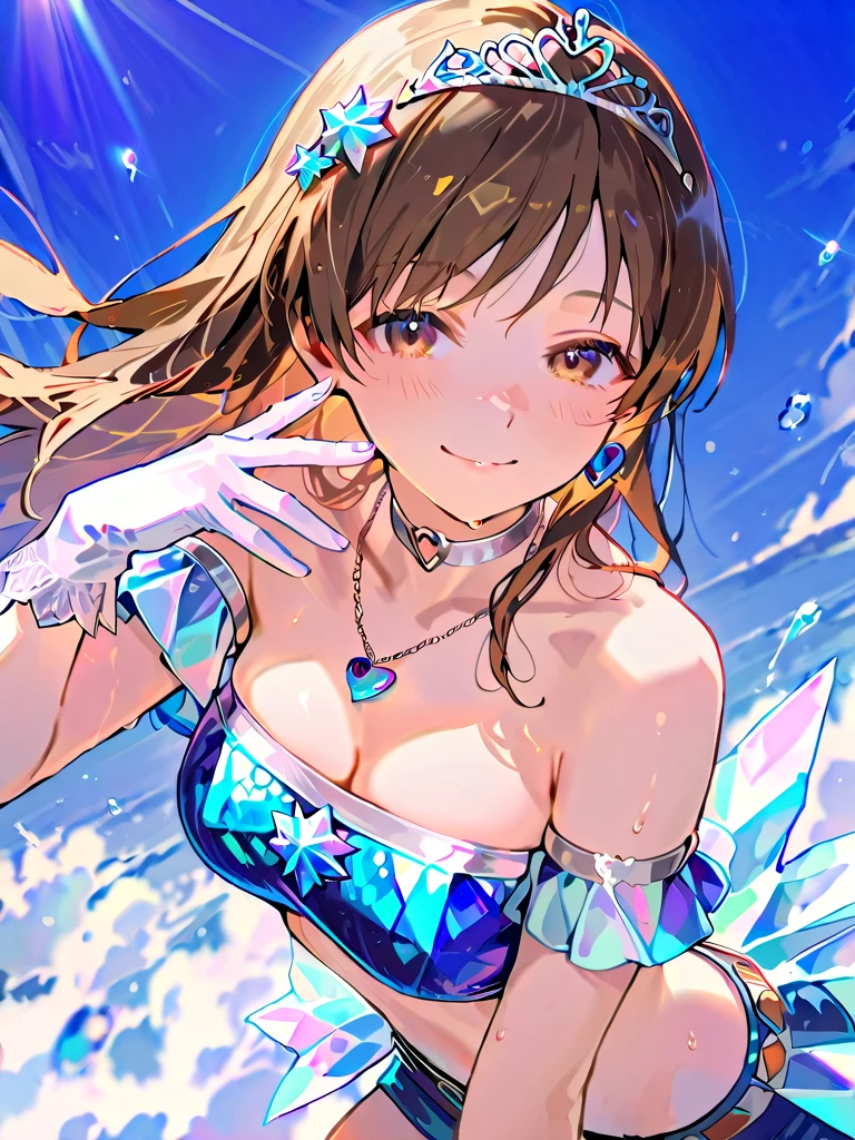 create a cartoon of a brunette woman dressed in light blue, blue and white on the Malecon 2000 in Guayaquil , happy and content looking at the sea