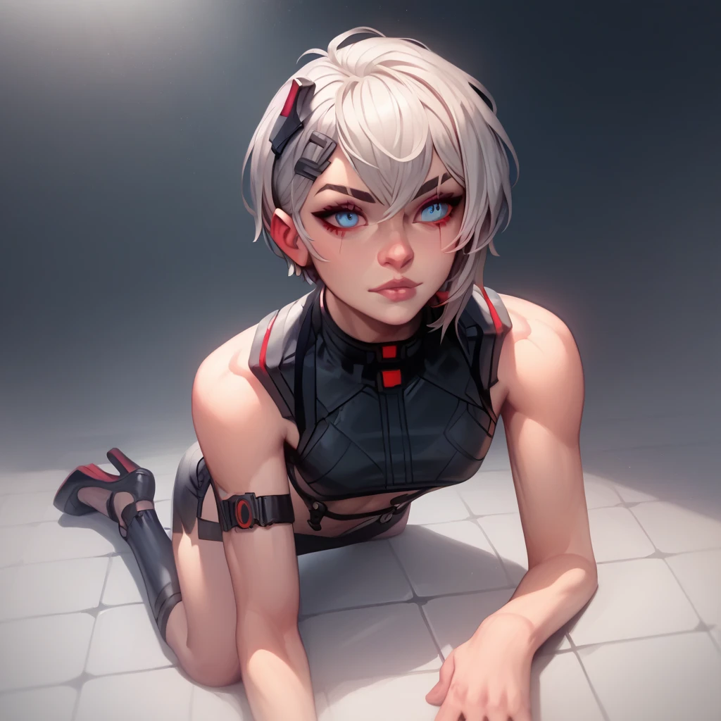 1 girl, Super heroi, skintight, highleg skintight, naked legs, booties, standing, focus only, tight belt, hands on hips, full body shot shot, mature lady, city scenery, sleeveless, ultra high resolution, absurderes, beautiful face, detailedeyes, symmetrical eyes, {{only five fingers}}, Woman 30 years old white hair (Margot Robie pov) on all fours in the water of a puddle looking at the spectator, and a woods, short and modern hair, skin wet, wear white lingerie, nice ass, (extreme detailed face), facing the front, 8k resolution, super verbose, high qualiy, cyber punk city scenarium, lip filler, sensual lips, large lips, unbuttoned cyber punk white jacket, black cybernetic bodysuit, comely, breasts small, blue eye, neon lights, cyber punk, small ass, contra-luz, skin wet, cyber punk girl, crystal clear eyes
