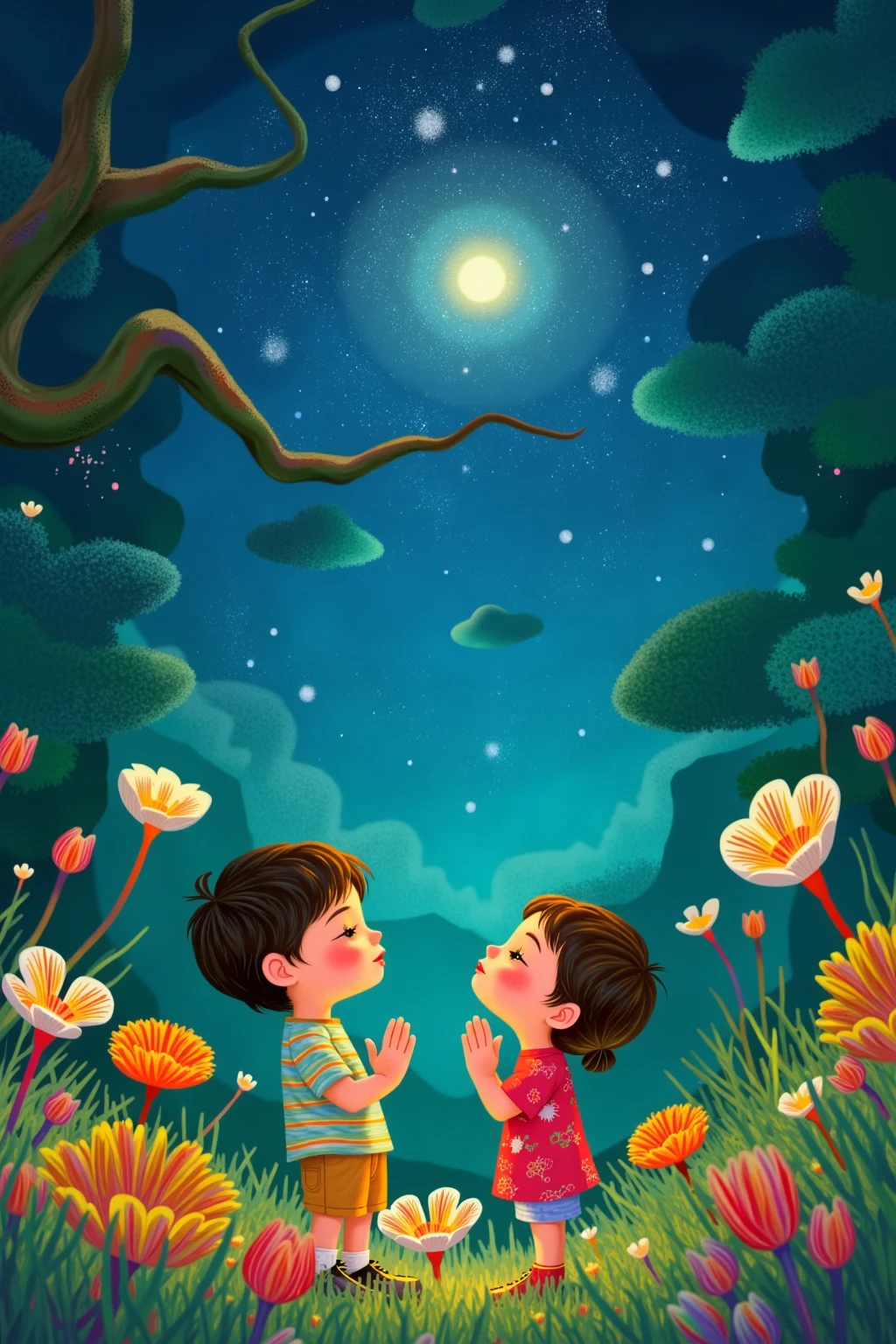 best quality。 picture book for ren with thick outlines。A gentle touch drawn with a paintbrush, The color is smudging。animals and humans in the woods, two boys and girls、There are lines here and there in Japanese。The letters are small, rounded fonts。 How to put in characters like picture books。Warm fuzzy design。 Simple pattern that looks like an irasuto-ya。Paintings for s。It's midnight and it's completely dark outside。Looking at the stars in the night sky、praying with hands together。Dutch angle shot, comic expression, Chinese text, multiview, article