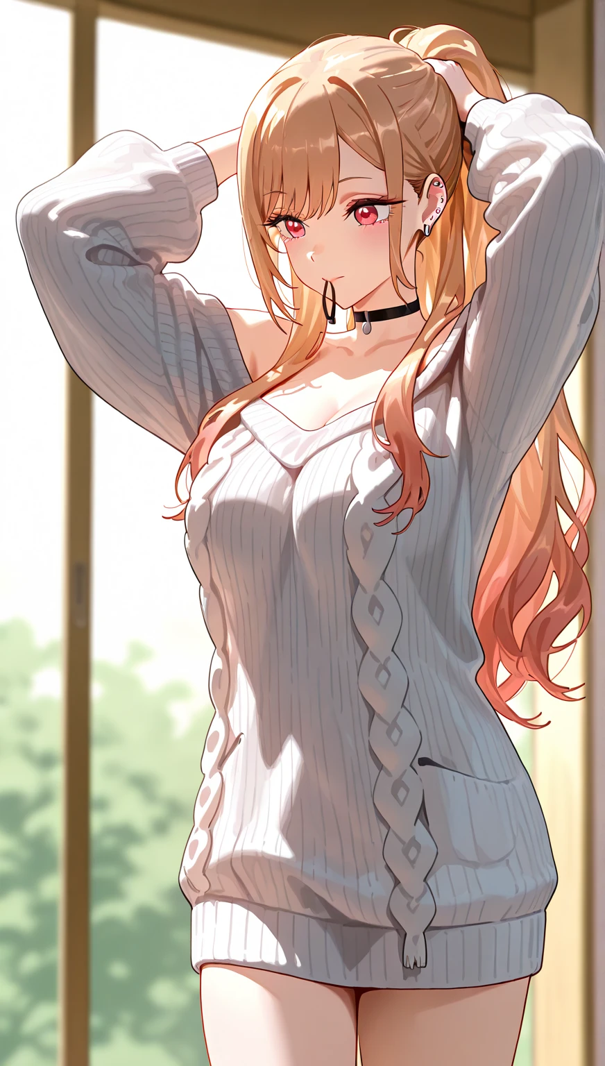 top-quality、Top image quality、​masterpiece、girl with((18year old、Best Bust、big bast,Beautiful blue eyes、Breasts wide open, a blond、A slender,Large valleys、white sweater clothing、White pants、)）hiquality、Beautiful Art、Background with((Nice and clean room.、pink floor mat、Wooden table、tee、Stylish bed)))、,masutepiece、visualart、depth of fields、