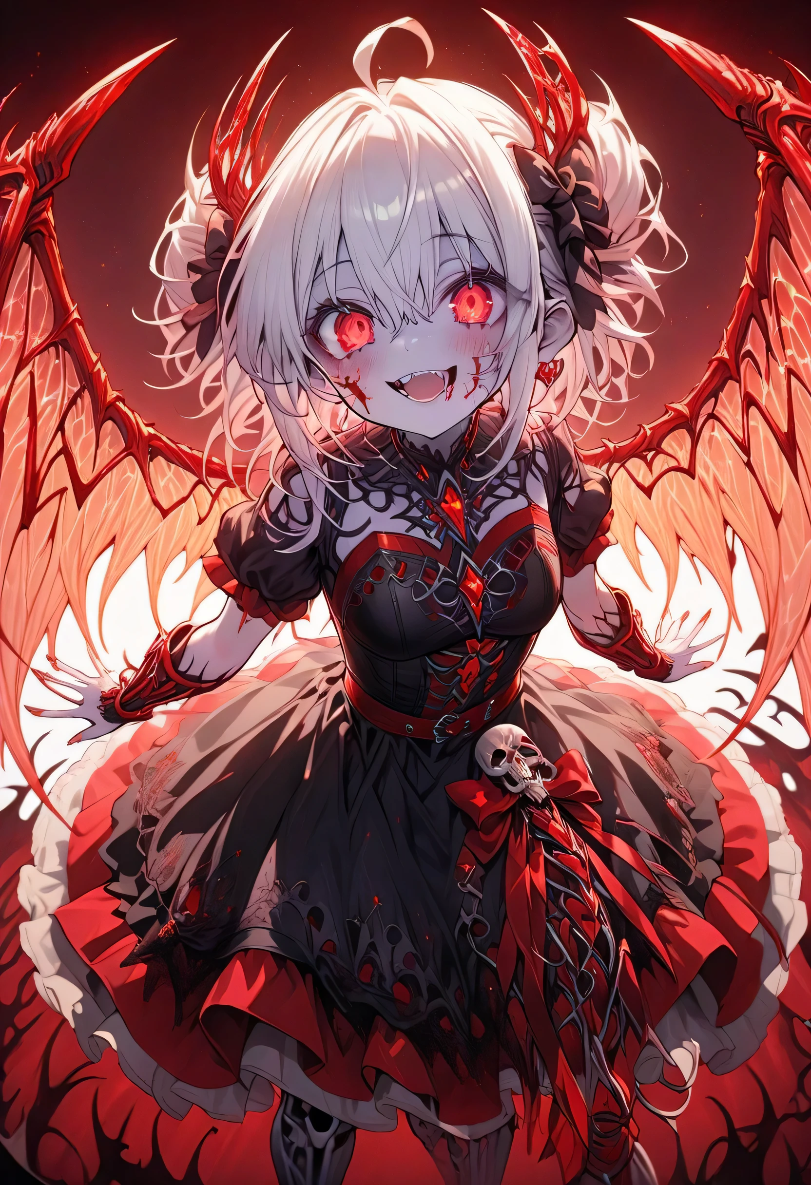 masterpiece, Highest quality, High resolution,(Highest quality,4K,High resolution,masterpiece:1.2),Very detailed,Realistic:1.37,masterpiece, Highest quality, Exquisitely crafted, woman, beautiful, elegant, smile, Blood, iridescent Long Hair, bangs, skirt, shirt, Long sleeve, Frills, shoes, (Red and Black:1.4), flower, spooky, Horror, 頭蓋Bones, Long Hair, Black Hair, Candles, Blood, hair flower, Dead, hair ornaments, Bone, doll, 頭蓋Bone, skeleton, Horror (theme),spooky altar background,Dark fantasy,Red color scheme,Ominous atmosphere,eyeを引く,Storytelling,anatomy,Anime Style,Concept Art,beautiful細部までこだわった顔と (((赤いeye ))),A terrifying ritual ,Satanic Ritual,Premature death,Misconduct,クレイジーなsmile,Scythe Face,Girl Monster, beautiful, Delicate facial features, 鋭いeye, Sharp Fangs, 青White skin, blonde,robot,Cursed Painting, Dark Background, Cinema Lighting, Dramatic Shadows, Gothic style, Gloomy atmosphere, Dark fantasy, One Girl, , Please open your mouth wide, Open your mouth and baring your teeth,Sharp teeth like a beast, Wide lips, very wide mouth, Vermilion cheeks, ,(Bloodしぶき:1.4),Scary smile, smile,Fallen angel design, ねじれたsmile、Bloodまみれの、頭からの出Blood,、Bloodしぶき、,(Bloodしぶき:1.4),Crossbones, 頭蓋Bone,Horror 一人の男の子, Cream colored hair, Gray Hair, Pearly hair, nice boy, Bunny ears, Loose-fitting clothing, Larger clothes, dark red eye, eyeの下のたるみ, dark circles under eye, やみcute, Fluffy hair, Voluminous Hair, skinny, slim, very skinny, Androgynous, cute, spooky, short hair, Horror, Faded colors, White skin, spooky, Unnaturally thin, I&#39;m hungry, eye, eye in background, sharp eye, Long eyelashes, Under the eyelashes, Loose shorts, レースshirt, Frillsshirt, Tie the ribbon&#39;head, Detailed clothing, A loose cardigan, Open cardigan, 滴るBlood, that&#39;terrible, nightmare, Haunted, stitch, patchwork, string, Injury, hell, Injury on arms, self-harm, cut, Black Fingers, factory, Abandoned, A dismembered ghost,Many heads,Many heads,Lots of faces,Multiple faces,Multiple Girls,Frolicking Girl,複数のwoman,tea ,クレイジーなsmile,look up,Face shot,Scythe Face,Girl Monster, slave,beautiful, Detailed portrait, Delicate facial features, 鋭いeye, Sharp Fangs, 青White skin, Thick chain, Dark Background, Cinema Lighting, Dramatic Shadows, Gothic style, Gloomy atmosphere, Dark fantasy, One Girl, , Please open your mouth wide, Open your mouth and baring your teeth,Sharp teeth like a beast, Wide lips, very wide mouth, Vermilion cheeks, ,(Bloodしぶき:1.6),Scary face, Laughter　Witch design, ねじれたsmile、Bloodまみれの、頭からの出Blood,,、Bloodしぶき、,(Bloodしぶき:1.6),Crossbones, 頭蓋Bone,　, Horrorスタイル, ((Fantasy Witch Costume)), ((Flowing white hair)), ,(Bloodしぶき:1.6),womanの曲線, Large Breasts, Thick thighs, Sexy flat stomach, Perfect hands, Perfect anime face, ((dark lolita dress)), Are standing, ((邪悪なsmile)), ,(Bloodしぶき:1.6),Victorian cities, gaslight, Steam circulates, Moonlight Illumination, night lighting, A sky filled with stars and galaxies,disaster々new devil horns,,(Bloodしぶき:1.6),アニメゾンビWitch design, ねじれたsmile、Bloodまみれの、頭からの出Blood,,、Bloodしぶき、,(Bloodしぶき:1.6),Crossbones, 頭蓋Bone,,Photo Background,Wide Shot,Scythe Face,Girl Monster, slave,beautiful, Detailed portrait, Delicate facial features, 鋭いeye, Sharp Fangs, 青White skin, Thick chain, Dark Background, Cinema Lighting, Dramatic Shadows, Gothic style, Gloomy atmosphere, Dark fantasy, One Girl, , Please open your mouth wide, Open your mouth and baring your teeth,Sharp teeth like a beast, Wide lips, very wide mouth, Vermilion cheeks, ,(Bloodしぶき:1.6),Scary face, Laughter　Witch design, ねじれたsmile、Bloodまみれの、頭からの出Blood,,、Bloodしぶき、,(Bloodしぶき:1.6),Crossbones, 頭蓋Bone,　, Horrorスタイル,