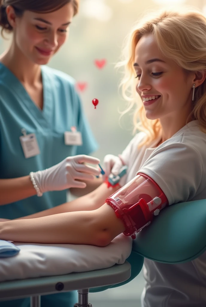 woman sitting in a chair with a blood pressurer on her arm, cherry red hair, fair skin, smiling, with an iv drip, iv drip, red blood, intravenous drip, blood on body, lots of blood