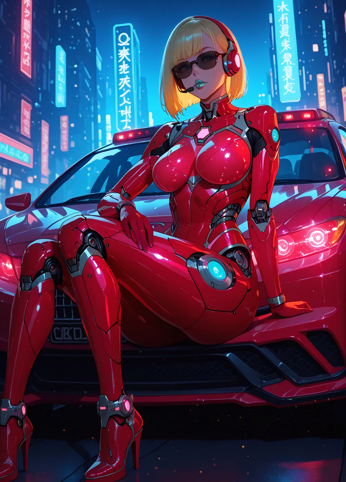 Future sexy asian blonde girl with twin-tails in a futuristic city.1.5, rusty metal city, lots of details, cars, buildings, billboards, nude and very tight tank top, red latex thigh high stocking extreme-highheel-wedge boots , standing pose (Dave Mckean inspired art, intricate details, oil painting)
