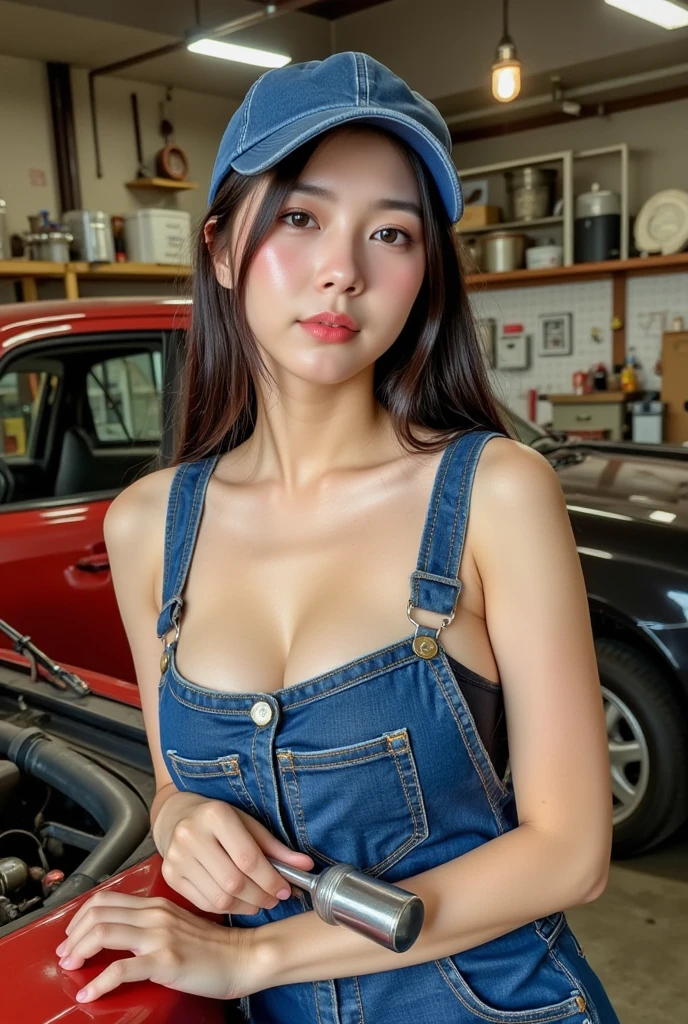 (highest quality、Super detailed)、(Real:1.37)、HDR、UHD、Studio Lighting、 Bright colors、Highly detailed eyes and face、Beautifully detailed eyes、Beautifully detailed lips、 Long eyelashes、A young and extremely beautiful woman、(Long red shirt、Wearing blue overalls)、(Wear a red newsboy cap、The casquette has an M emblem)、White gloves、Super Mario Cosplay、Wide-open legs、Squat、belly button、natural breasts、(Putting a lot of bills in your bra or panties:1.5)、On stage at a nightclub
