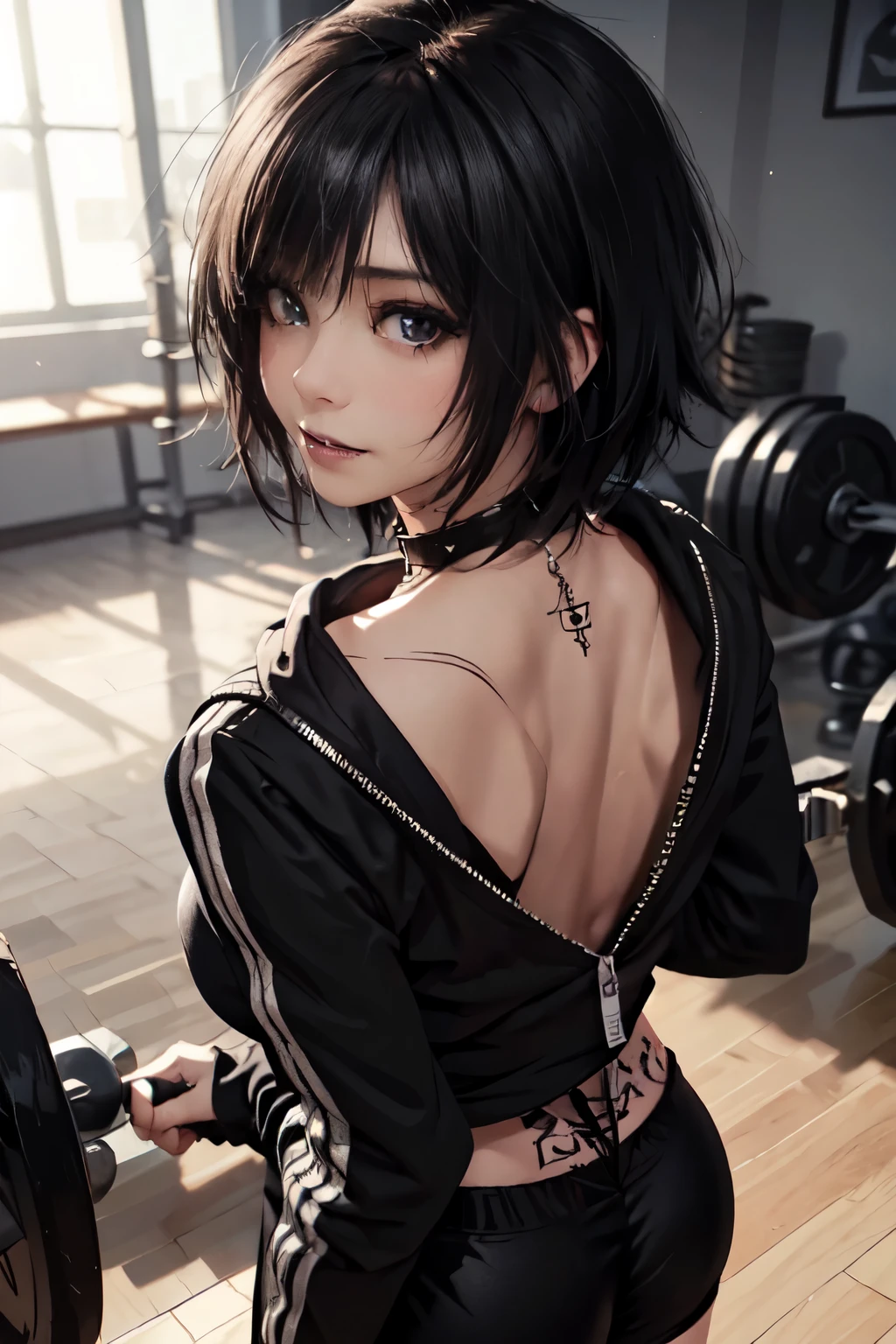 Girl, woman, emo_hairstyle, black lipstick, dog collar, necklace, eyeliner, eye shadow, smoky eyes, realistic lighting, short hair, shiny skin, big breast, black long sleeved zipper top, zipped hoodie, cleavage, adidas pants, tight sports pants, unzipped top, Narrow eyes, Gym wear, sportswear, gym, arched back, smile. Tattoos, body writing.