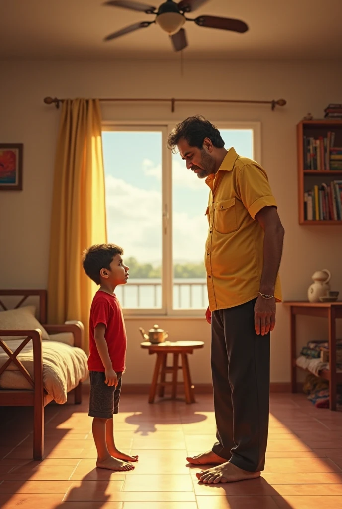 A 30 year old Indian man scolding his child in their house by showing hand