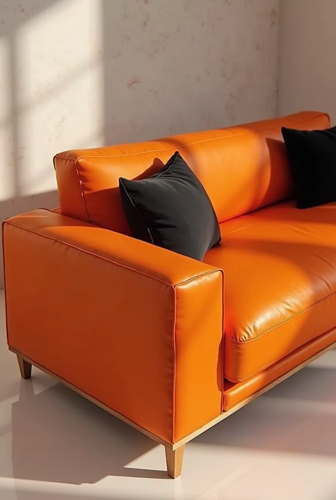Close-up of orange fabric sofa side,Grey tiled floors,well-illuminated,Realistic and realistic