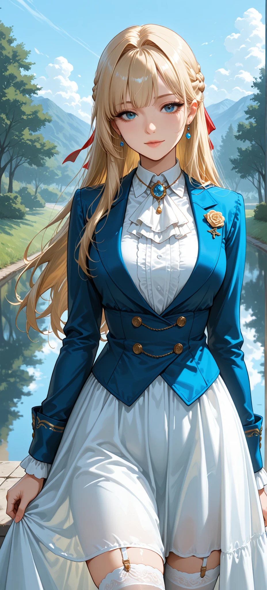 masterpiece, best quality, 1girl, <lora:clarissaarwin-nvwls-v1-000010:0.9> clarissa arwin, hairband, twintails, blue jacket, white gloves, pleated skirt, blue thighhighs, looking at viewer, hand on hip, from side, trees, forest, blue sky