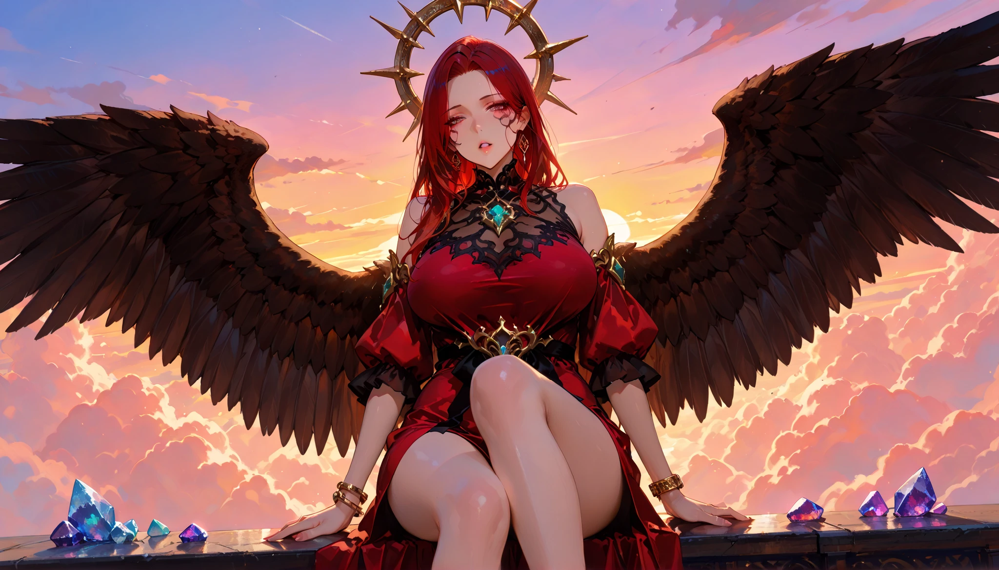 (artist:OKAZU:1.10), (artist:hiten:0.51), artist:WANKE, (artist:ciloranko:0.55), (beautiful character), (masterpiece: 1.2), (best_quality: 1.0), (solo: 1.4), 1woman, female goddess, 35 years old, (mature woman, strict facial features, sharp facial features), ((body focus: 1,4)), close-up, ((Ultra Detailed, Cinematic, hyper detailed, Hyperresolution, official arts, Wallpaper 40k, Mind-blowing art)), Beautiful fingers, Beautiful body, Beautiful character design, Colorful, Bright_Front_face_Lighting, (bright_color: 1.2), (beautiful, big breasts size: 1.2), muscular woman, (beautiful_face: 1.5), medium physique, seductive, (beautiful, clean skin), bottom view, ((two cristal wings, bordo color cristal wings, wings made of many crystals), dark red dress, bare foots) beautiful long legs, seductive legs), (chenille clothes), matte color clothing, (background, Heavens, smoky clouds, sunset sky), hand bracelets, beautiful face,