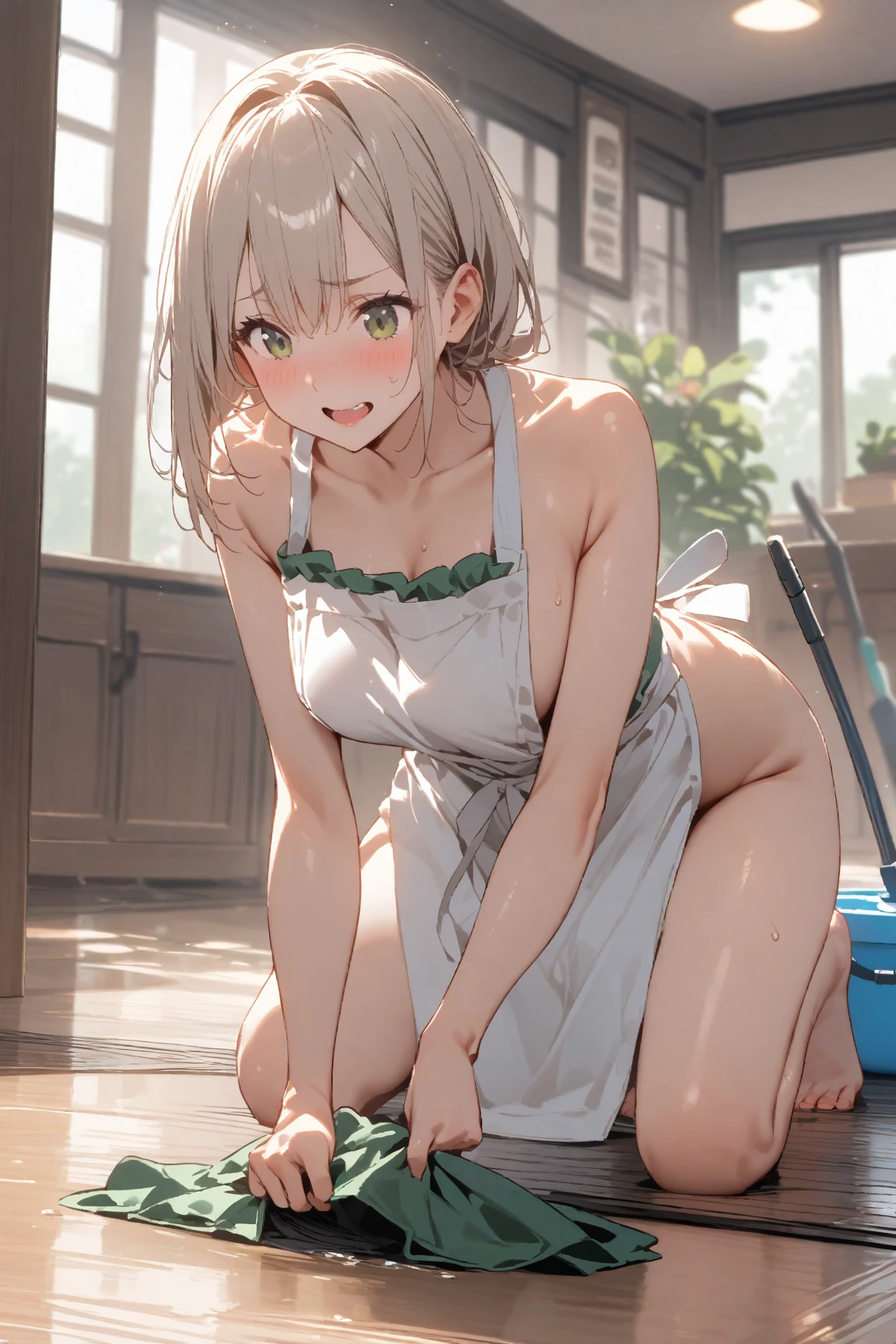 girl, Sweat, vapor, Center of chest, shy, Great hands, Looking at the audience, Cute Smile