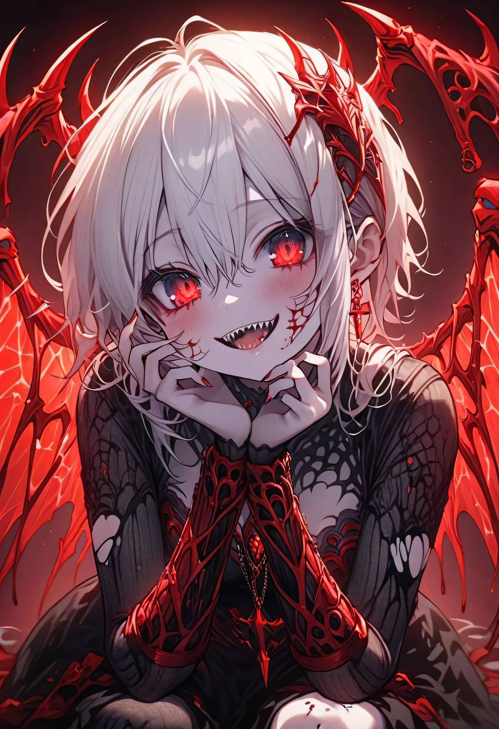 masterpiece, Highest quality, High resolution,(Highest quality,4K,High resolution,masterpiece:1.2),Very detailed,Realistic:1.37,masterpiece, Highest quality, Exquisitely crafted, woman, beautiful, elegant, smile, Blood, iridescent Long Hair, bangs, skirt, shirt, Long sleeve, Frills, shoes, (Red and Black:1.4), flower, spooky, Horror, head蓋Bones, Long Hair, Black Hair, Candles, Blood, hair flower, Dead, hair ornaments, Bone, 人形Horror (theme),spooky altar background,Dark fantasy,Red color scheme,Ominous atmosphere,eyeを引く,Storytelling,Anime Style,Concept Art,beautiful細部までこだわった顔と (((赤いeye ))),A terrifying ritual ,Satanic Ritual,Humanoid,クレイジーなsmile,Scythe Face,Girl Monster, beautiful, Delicate facial features, 鋭いeye, Sharp Fangs, 青White skin, blonde,robot,Cursed Painting, Dark Background, Cinema Lighting, Dramatic Shadows, Gothic style, Gloomy atmosphere, Dark fantasy, One Girl, , Please open your mouth wide, Open your mouth and baring your teeth,Sharp teeth like a beast, Wide lips, very wide mouth, Vermilion cheeks, ,(Bloodしぶき:1.4),Scary smile, smile,Fallen angel design, ねじれたsmile、Bloodまみれの、headからの出Blood,、Bloodしぶき、,(Bloodしぶき:1.4),Crossbones, head蓋Bone,Horror 一人の男の子, Cream colored hair, Blonde, Pearly hair, nice boy, Pure white angel wings, Loose-fitting clothing, Larger clothes, dark red eye, eyeの下のたるみ, dark circles under eye, やみcute, Fluffy hair, Voluminous Hair, skinny, slim, very skinny, Androgynous, cute, spooky, short hair, Horror, Faded colors, White skin, spooky, Unnaturally thin, I&#39;I am hungry, eye, eye in background, sharp eye, Long eyelashes, Under the eyelashes, Loose shorts, レースshirt, Frillsshirt, Tie the ribbon&#39;head, Detailed clothing, A loose cardigan, Open cardigan, 滴るBlood, that&#39;terrible, nightmare, Haunted, stitch, patchwork, string, Injury, hell, Injury on arms, self-harm, cut, Black Fingers, factory, Abandoned, A dismembered ghost,Many heads,Many heads,Lots of faces,Multiple faces,Multiple Girls,Frolicking Girl,複数のwoman,tea ,クレイジーなsmile,look up,Face shot,Scythe Face,Girl Monster, slave,beautiful, Detailed portrait, Delicate facial features, 鋭いeye, Sharp Fangs, 青White skin, Thick chain, Dark Background, Cinema Lighting, Dramatic Shadows, Gothic style, Gloomy atmosphere, Dark fantasy, One Girl, , Please open your mouth wide, Open your mouth and baring your teeth,Sharp teeth like a beast, Wide lips, very wide mouth, Vermilion cheeks, ,(Bloodしぶき:1.6),Scary face, Laughter　Witch design, ねじれたsmile、Bloodまみれの、headからの出Blood,,、Bloodしぶき、,(Bloodしぶき:1.6),Crossbones, head蓋Bone,　, Horrorスタイル, ((Fantasy Witch Costume)), ((Flowing white hair)), ,(Bloodしぶき:1.6),womanの曲線, Large Breasts, Thick thighs, Sexy flat stomach, Perfect hands, Perfect anime face, ((dark lolita dress)), Are standing, ((邪悪なsmile)), ,(Bloodしぶき:1.6),Victorian cities, gaslight, Steam circulates, Moonlight Illumination, night lighting, A sky filled with stars and galaxies,disaster々new devil horns,,(Bloodしぶき:1.6),アニメゾンビWitch design, ねじれたsmile、Bloodまみれの、headからの出Blood,,、Bloodしぶき、,(Bloodしぶき:1.6),Crossbones, head蓋Bone,,Photo Background,Wide Shot,Scythe Face,Girl Monster, slave,beautiful, Detailed portrait, Delicate facial features, 鋭いeye, Sharp Fangs, 青White skin, Thick chain, Dark Background, Cinema Lighting, Dramatic Shadows, Gothic style, Gloomy atmosphere, Dark fantasy, One Girl, , Please open your mouth wide, Open your mouth and baring your teeth,Sharp teeth like a beast, Wide lips, very wide mouth, Vermilion cheeks, ,(Bloodしぶき:1.6),Scary face, Laughter　Witch design, ねじれたsmile、Bloodまみれの、headか