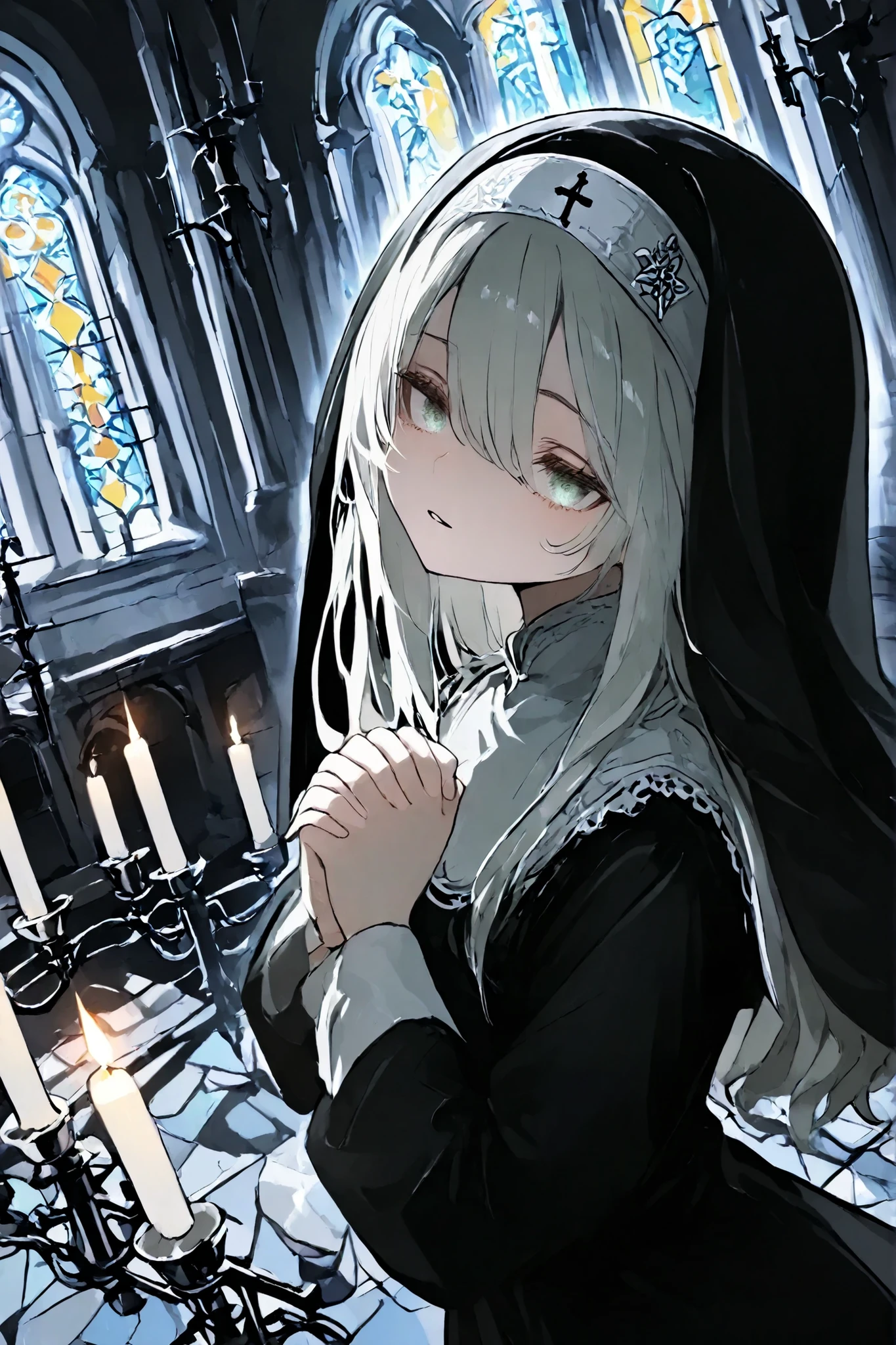 illustration, best quality, 1girl, silver-haired nun,bright cyan eyes, wearing a dark nun outfit with veil, praying with hands clasped, solemn expression, dimly lit church dedicated to demon worship, isometric view, no windows or stained glass, only light from candles on candelabra, dark and oppressive atmosphere, sense of despair and hopelessness, gothic and eerie vibe, shadows casting across cracked walls