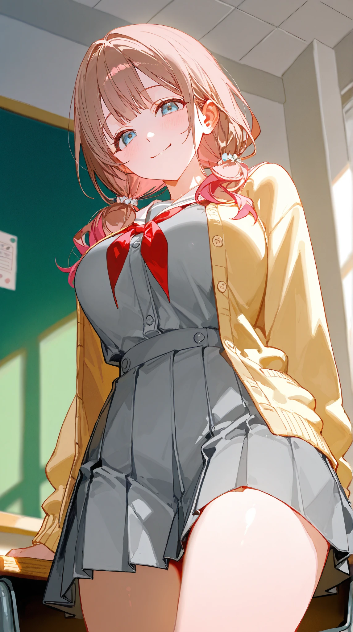 Ochako uraraka, pecho muy grandes anime girl in with a red tie and green skirt, anime visual of a cute girl, marin kitagawa fanart, beautiful anime high school girl, chihiro! fujisaki, high detailed official artwork, nagatoro, official art, nishimiya shouko, official anime artwork, smooth anime cg art, makoto, shinkai makoto, official artwork