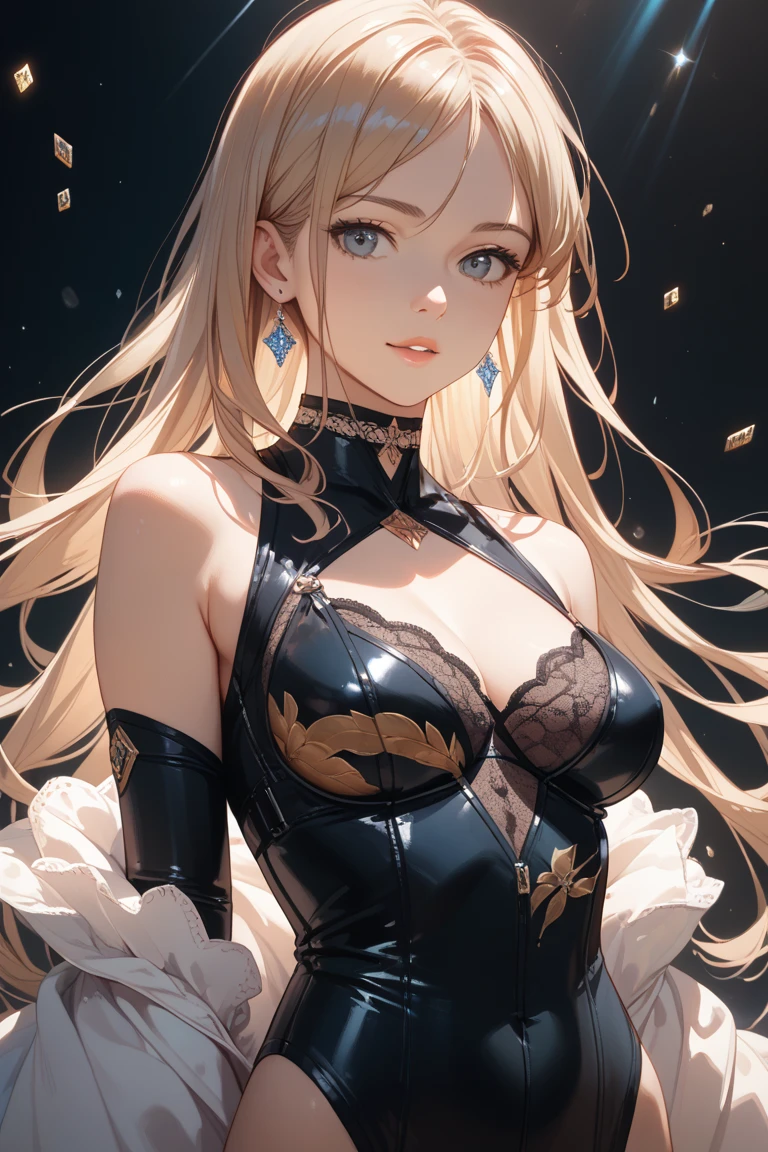 masterpiece, best quality, ultra high resolution, very aesthetic, absurdness, absolutely resolution, ultra detailed, 64K, super fine illustration, highly detailed beautiful face and eyes, perfect anatomy, professional lighting, 1woman, chest-length blonde wavy hair, blue eyes, black sunglasses on head, razor-cut ends