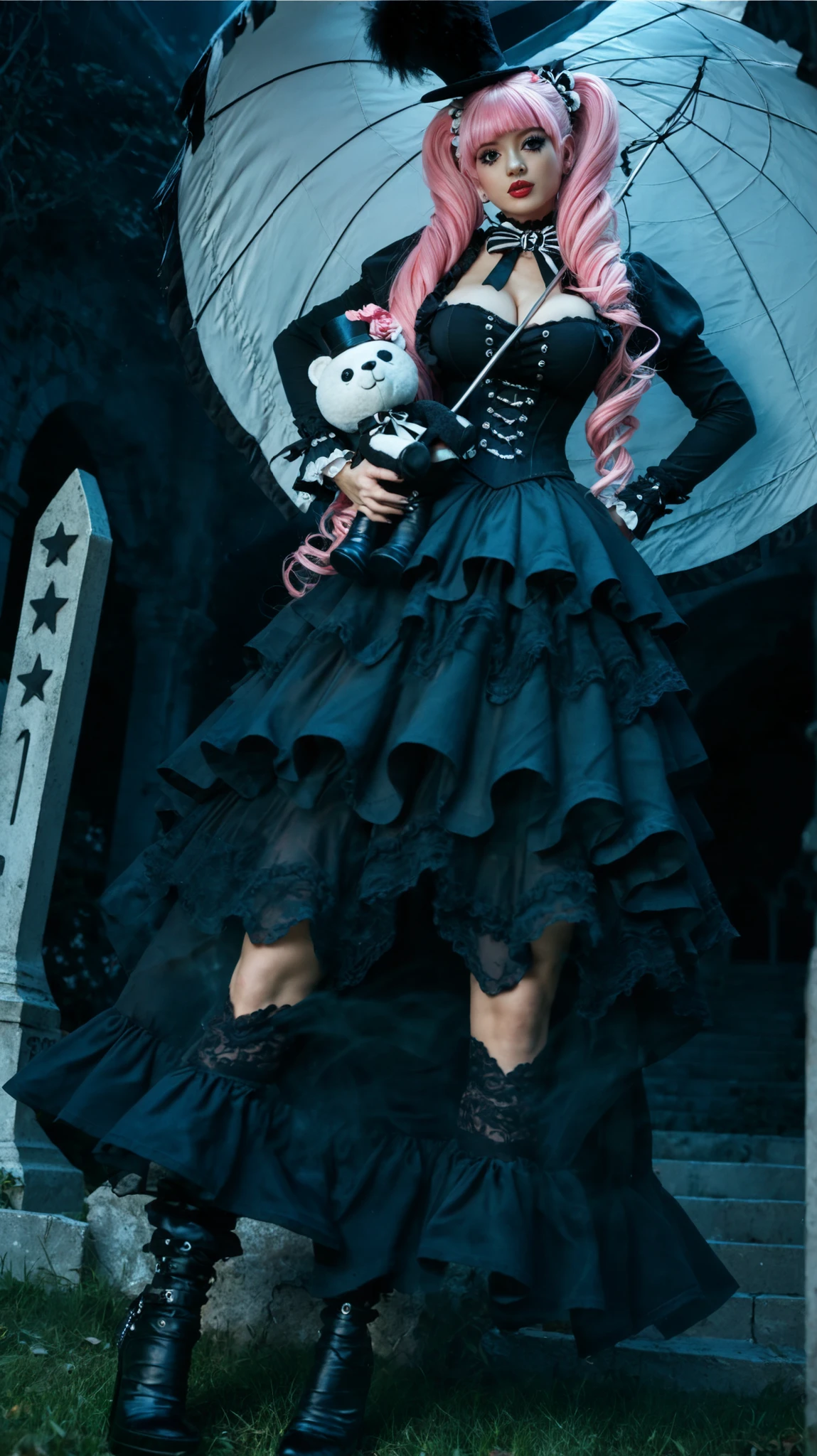 1 girl, alone, realistic style, gothic fashion, slim build, floating gently above the ground in a foggy graveyard, holding a plush doll with blue and white striped headgear and brown body, wearing a long black gothic dress with layered black and white ruffles, red glossy high-heeled boots, large black top hat decorated with white roses, holding a pink parasol, very long pink hair styled in thick side drills with straight bangs, dynamic and elegant pose, intense and charming eyes, big expressive eyes with realistic long curly lashes, gothic makeup with subtle eyeliner and bright red lipstick, cleavage, large breasts, toned stomach, mysterious atmosphere with heavy fog and gravestones in the background, emulating a Canon EOS R5 with 85mm lens at f/1.4, soft cinematic lighting, composed using the rule of thirds with a slight upward angle, Asian, beautiful, (26 years old), toned stomach, charming, highly detail
