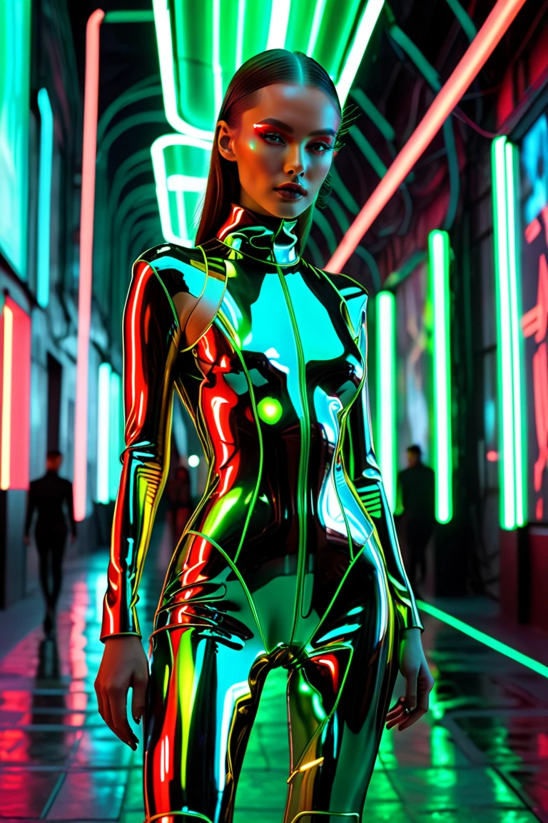 A captivating digital Glauco Torres Grayn, futuristic and robotic woman with a sleek bob haircut. She stands amidst a shinni
ng neon green backdrop of vertical streaks of numbers from 0 to 9, seamlessly blending with her intricate, maze-like body design. The character's eyes glow with a mysterious light, drawing the viewer into her world of hidden codes and secrets. The overall atmosphere is enigmatic and digitally captivating, invoking a sense of exploration between humanity and technology. The piece is presented as a 3D render, painting, and illustration, and is signed by the artist with robotic typography at the bottom., illustration, painting, conceptual art, 3d render