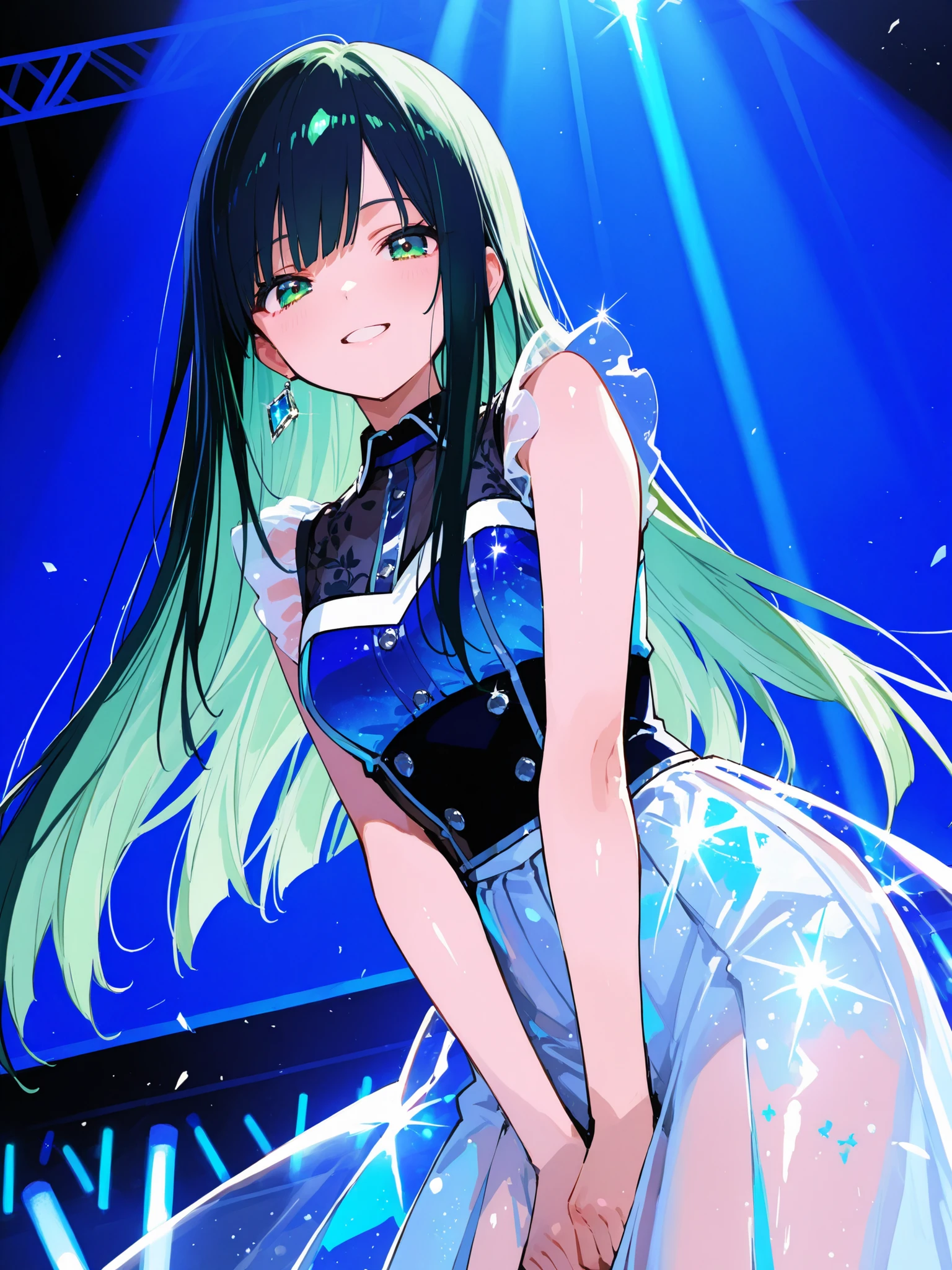 1 girl, black long straight hair, shiny blue with light green eyes, idol, eyes gliter, bright smile, see-through skirt, long skirt