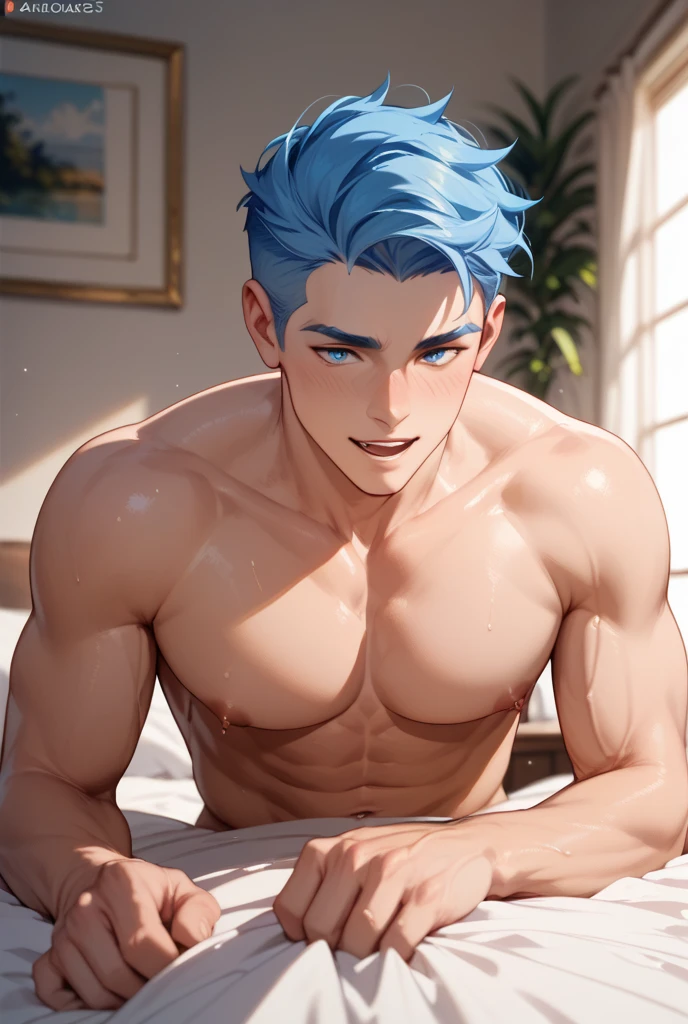 (hyper-realistic digital illustration), hires, best quality, boy wearing micro black thong, see-through black thong , front view, lying on his back, holding legs raised, athletic body, (white skin), bare chest, flat chest,(long green blue hair scruffy ), determined expression, small waist, muscular.